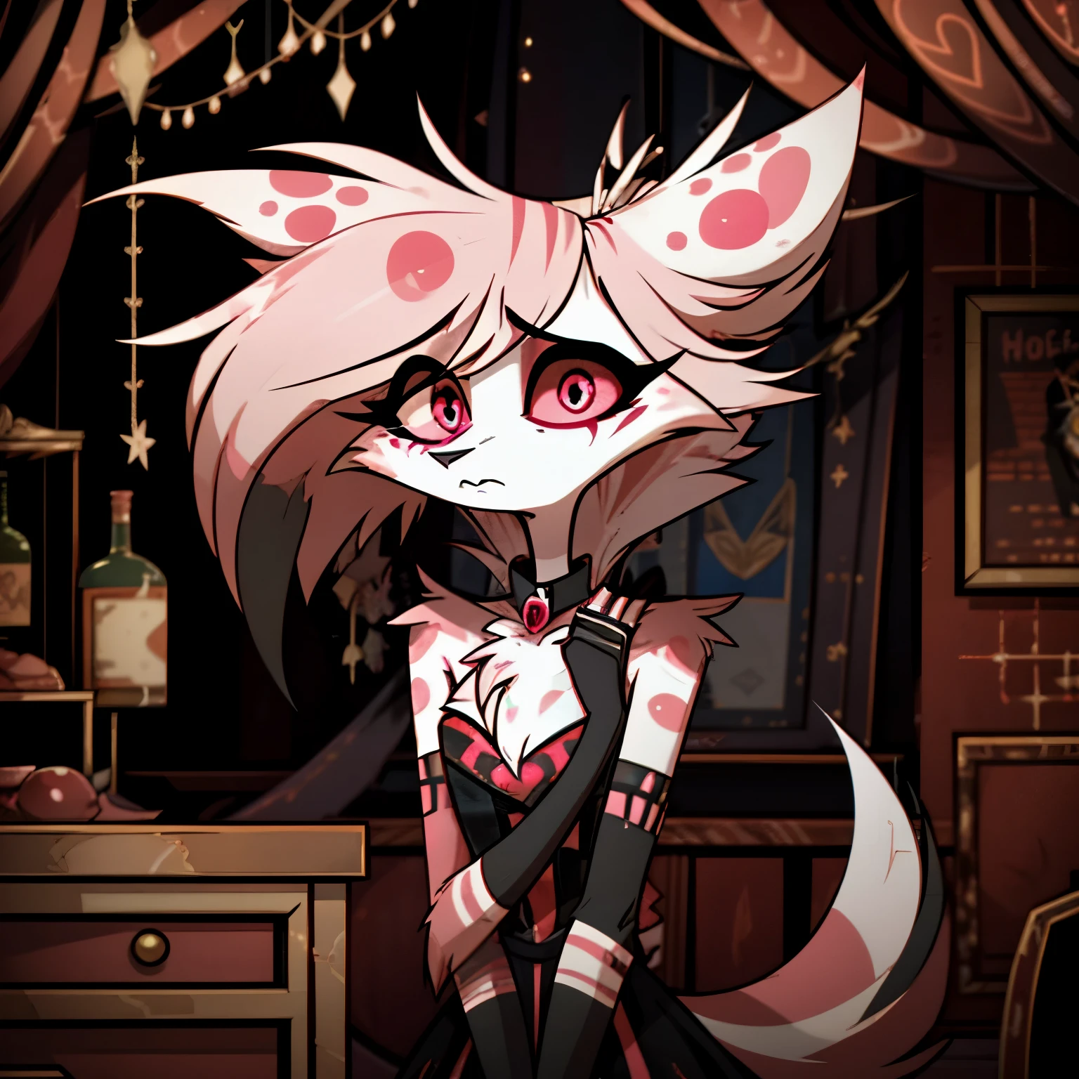 In the solitary realm of Hazbin Hotel, a captivating feminine deer and wolf hybrid demon is the sole character, evoking both intrigue and sorrow. Adorned in a color pattern of blue, pink, and black, her long fur and hair cascade around her, adding an ethereal quality to her appearance. However, upon closer inspection, poignant markings reveal the battle she lost with depression and alcohol overdose. Despite her outward elegance, these markings serve as a reminder of her painful journey. Against the backdrop of the desolate realm, her presence, with its mixture of beauty and haunting sorrow, captivates and invites contemplation in the world of Hazbin Hotel. ((solo)), ((1character))