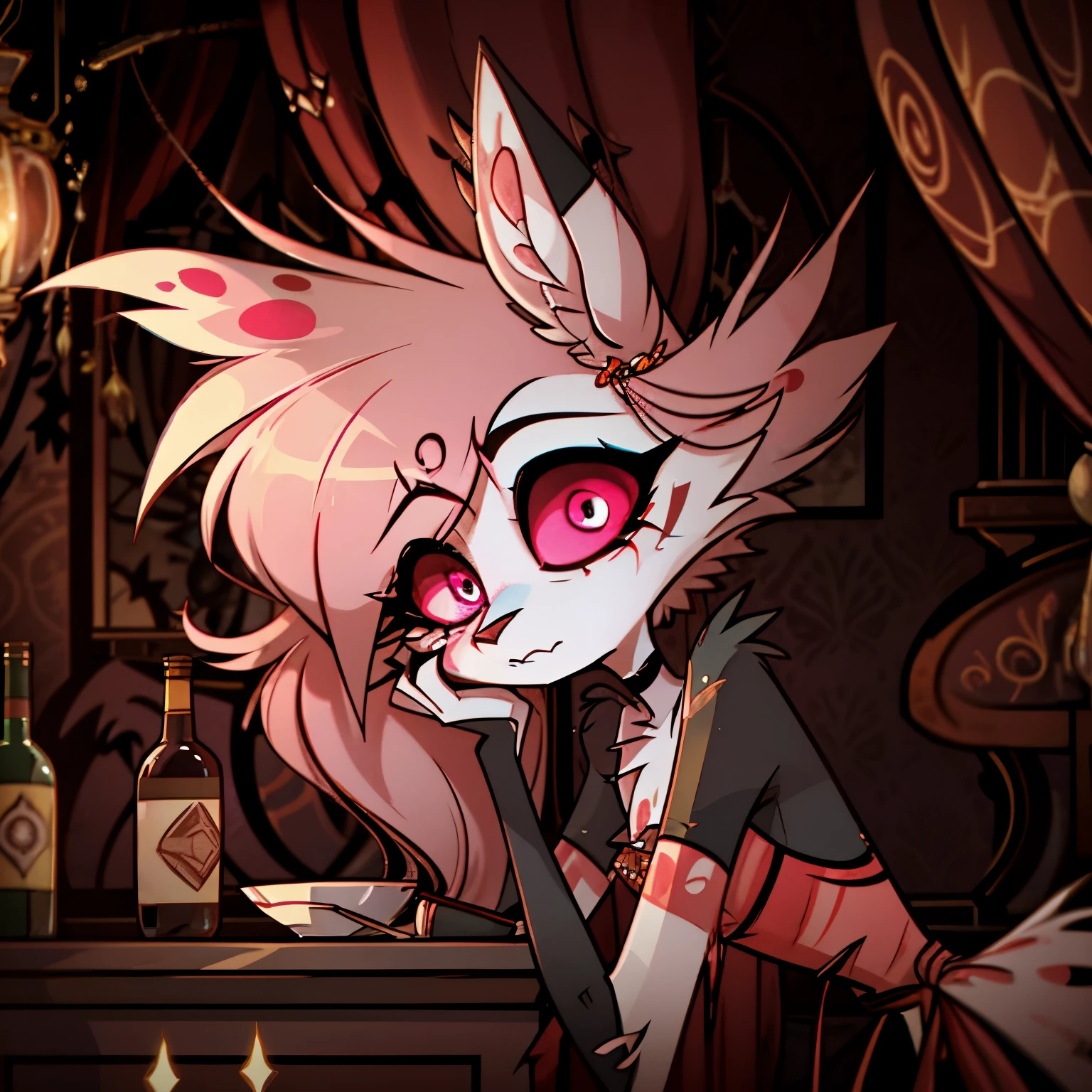 In the solitary realm of Hazbin Hotel, a captivating feminine deer and wolf hybrid demon is the sole character, evoking both intrigue and sorrow. Adorned in a color pattern of blue, pink, and black, her long fur and hair cascade around her, adding an ethereal quality to her appearance. However, upon closer inspection, poignant markings reveal the battle she lost with depression and alcohol overdose. Despite her outward elegance, these markings serve as a reminder of her painful journey. Against the backdrop of the desolate realm, her presence, with its mixture of beauty and haunting sorrow, captivates and invites contemplation in the world of Hazbin Hotel. ((solo)), ((1character))