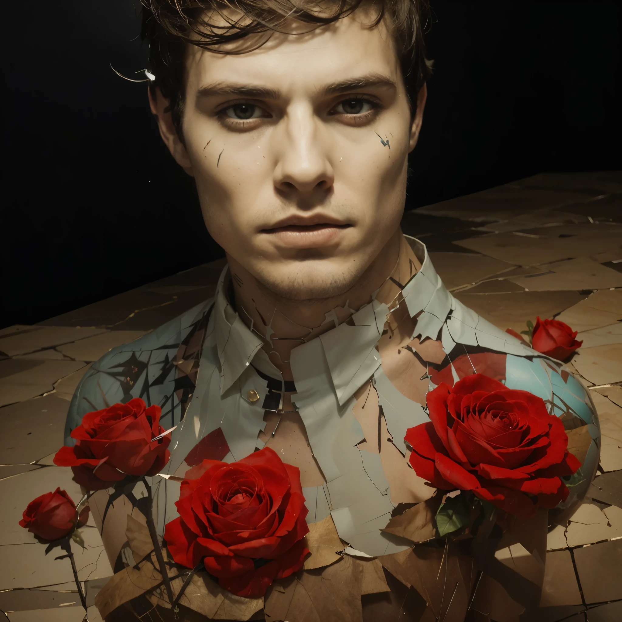 ((vintage gray dirty backdrop)), young beautiful male, ignant, (((full body view))), young smooth man, g-string, singularity, a surrealist photo, looking across the shoulder, uncentred, leaked, with a bunch of needles sticking out of his head, with many mirrors, side view, with a flower in his hand, red flesh strings, detailed conceptual photography, with wires and band, head made of carnations flower, body made out of flowers, pulling strings, with a bunch of carnations covering out of his genitals, wearing loincloth, wires, (from head to toe)