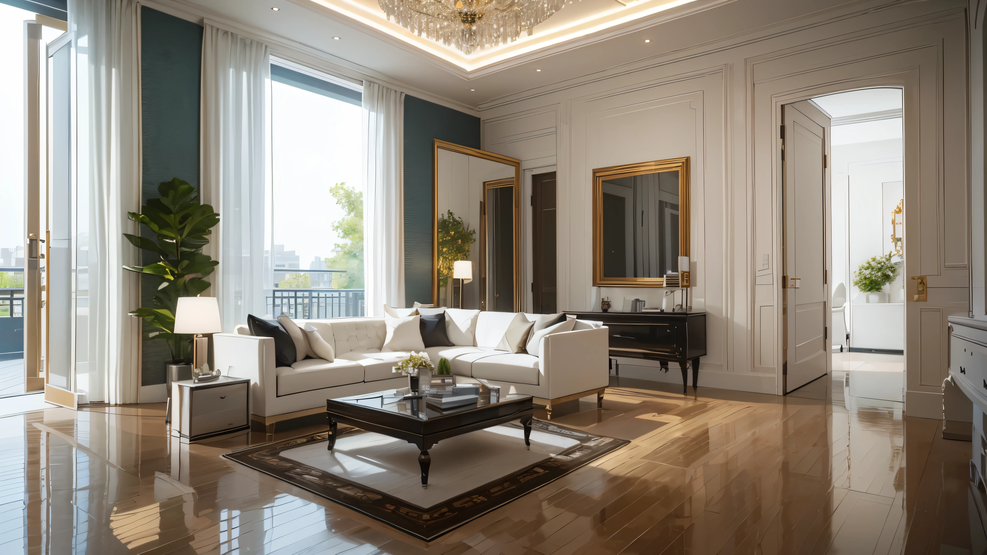 You are a famous interior designer、You have been asked to create a 3D image of a modern large room. Create a harmonious environment with modern and minimalist furniture. Including garden interior.