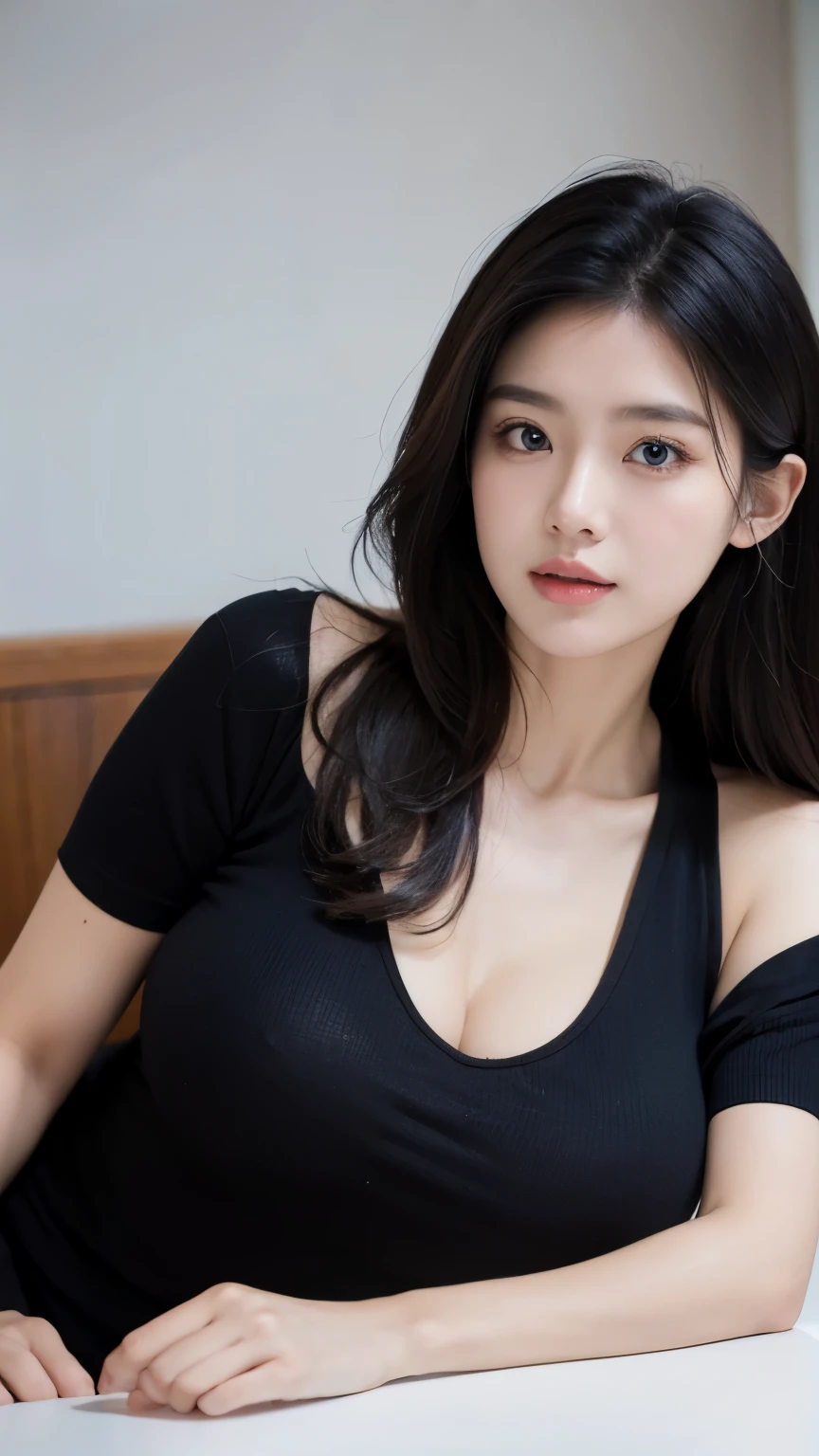 1girl,huge breast, black hair, brown eyes,high quality, ultra detailed, masterpiece, realistic, black clothes