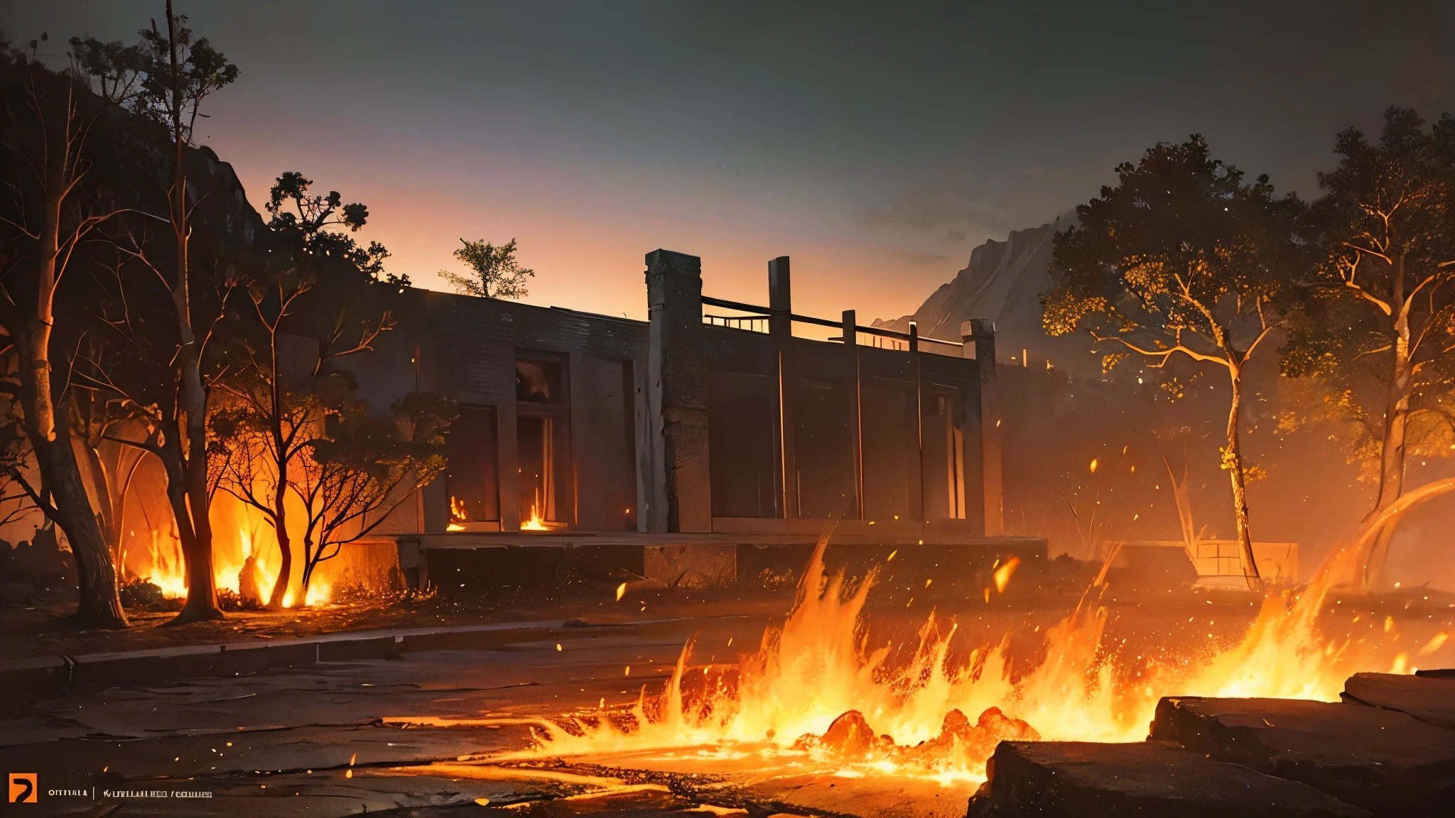 Cinematic lighting, (depth of field) , Ultra HD, (trunk), (realistic background), stony ground with many dry branches sticking out of the ground, hot lava coming out of the ground (volcano lava everywhere), dry and burnt vegetation, building in the background similar to the temple of Aphrodite in ruins, rocks everywhere, buildings in ruins, war scene from the apocalypse, night sky with orange clouds reflecting the fire on the ground.