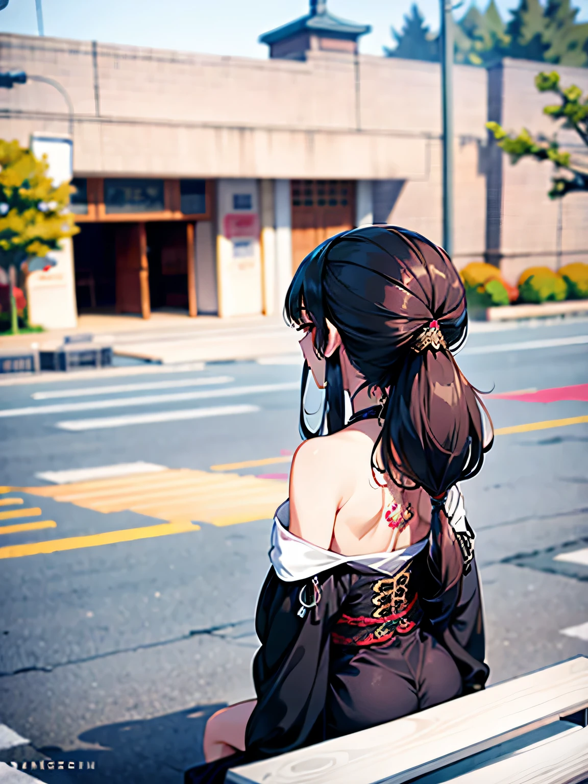 Woman sitting on bench taking photo of building, chin length hair, short hair, Bagel hair style, 8k 50mm ISO 10, Ponytail reaches waist, Taiwanese girl with tattoos, 中long hair, Inspired by Cheng Jiasui, Urzan, short ponytail, long hair, Shoulder length hair,(masterpiece, top quality, best quality, official art, Beautiful and beautiful:1.2), (1 girl), Very detailed,(fractal art:1.3),colorful,most detailed