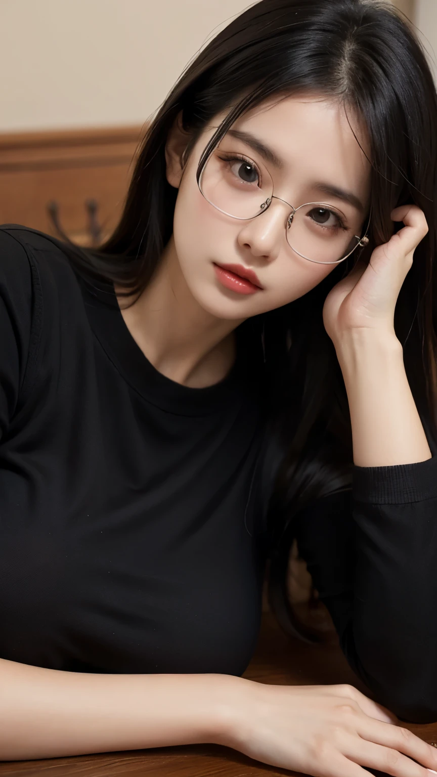 1girl,huge breast, black hair, brown eyes,high quality, ultra detailed, masterpiece, realistic, black clothes , glasses, sleep 