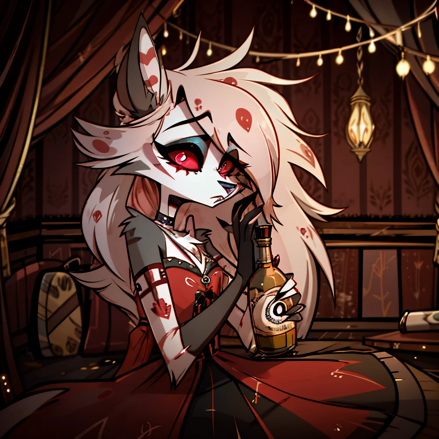In the solitary realm of Hazbin Hotel, a captivating feminine deer and wolf hybrid demon is the sole character, evoking both intrigue and sorrow. Adorned in a color pattern of blue, and black, her long fur and hair cascade around her, adding an ethereal quality to her appearance. However, upon closer inspection, poignant markings reveal the battle she lost with depression and alcohol overdose. Despite her outward elegance, these markings serve as a reminder of her painful journey. Against the backdrop of the desolate realm, her presence, with its mixture of beauty and haunting sorrow, captivates and invites contemplation in the world of Hazbin Hotel. ((solo)), ((1character))