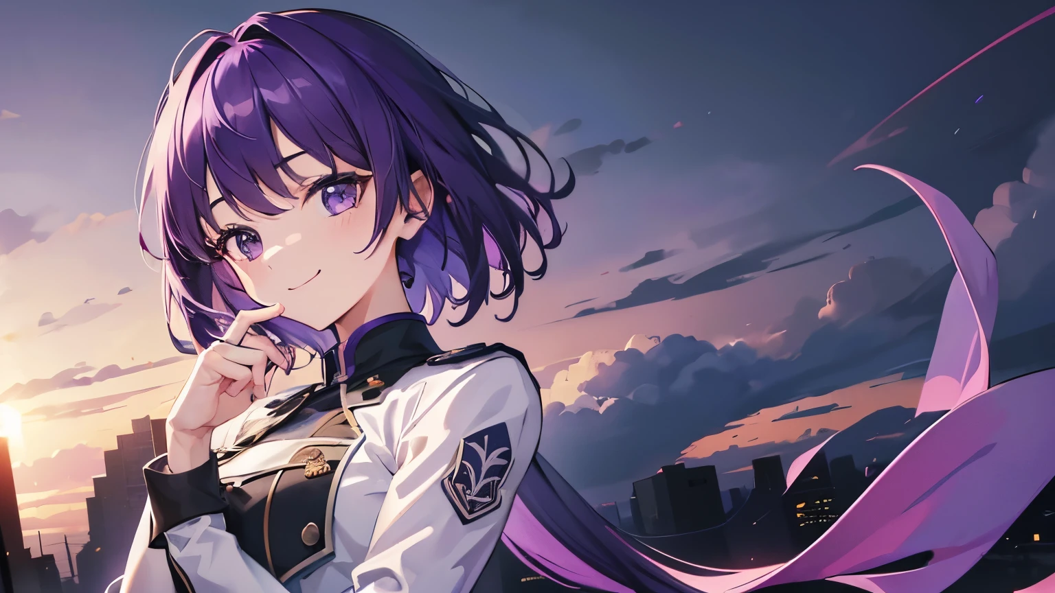 (T Masterpiece,4k wallpaper,best quality))、((girl1people))、(solo)、Brilliant,(purple hair)、(shortcut:1.3)、smile、battlefield、desolation、uniform