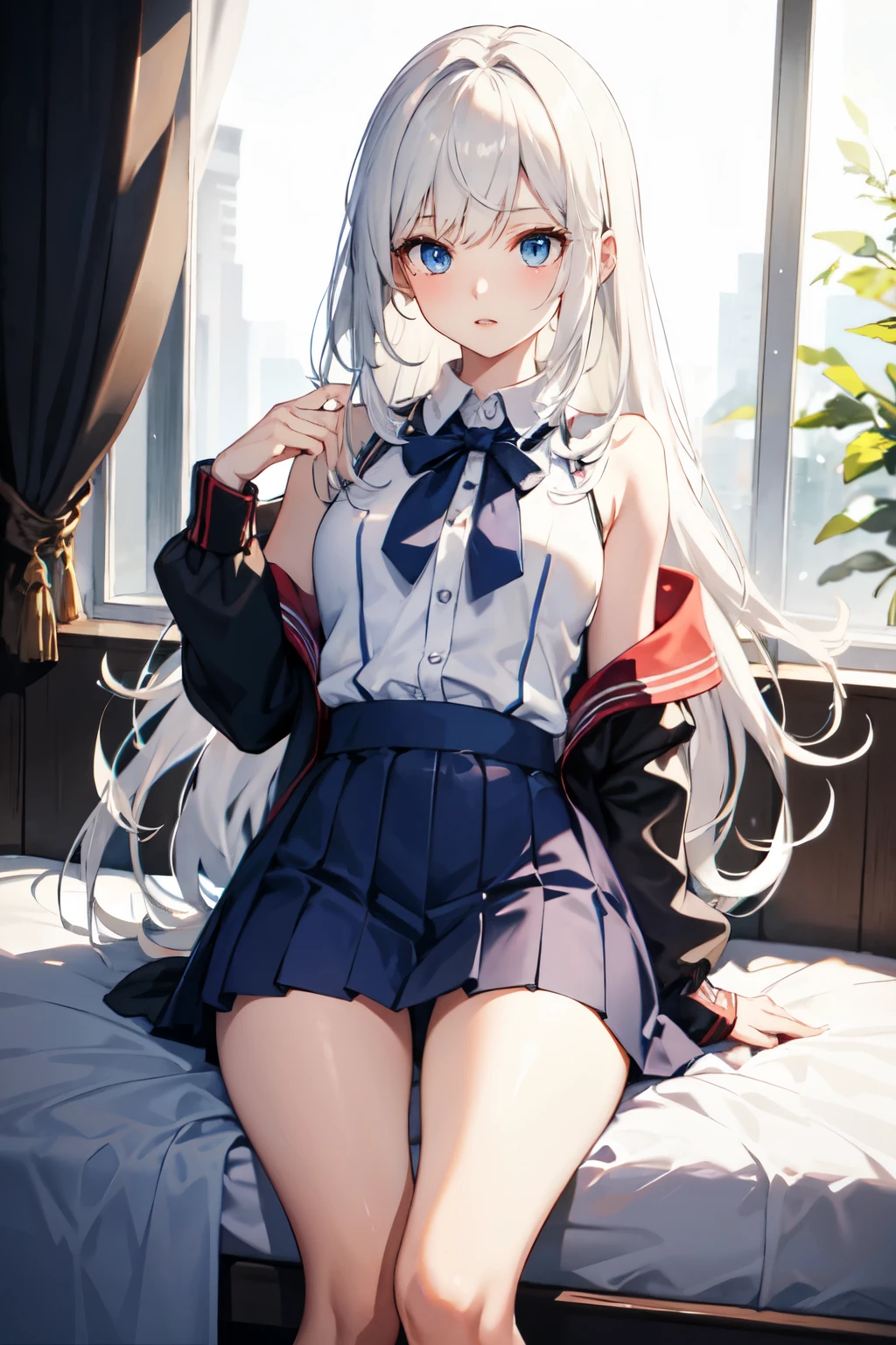 1girl,  alisa mikhailovna kujou,tokidoki bosotto roshia-go de dereru tonari no arya-san,solo, long hair, eyebrows visible through hair, hair between eyes, silver hair, hair ribbon, blue eyes,visible pupils, eyes reflexes, medium breasts, ((neko ears)), ((cat ears)) 
from behind, portrait, looking to the side, horny smile, closed mouth, lights and sunflare from the lateral rear window, 
best quality, very aesthetic, absurdres, scenery at school, extremely cute and sexy, sitted on a desk, spread legs, playing with her bare foot Bringing them closer to us