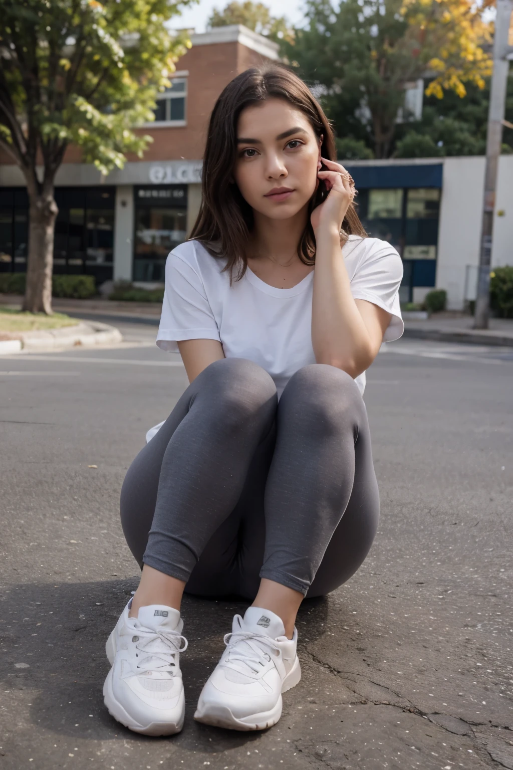 ((Mejor calidad)), ((obra maestra)), (detallado), cara perfecta,  realista, con ropa  deportiva, top morado, leggings gris, zapatillas urbanas