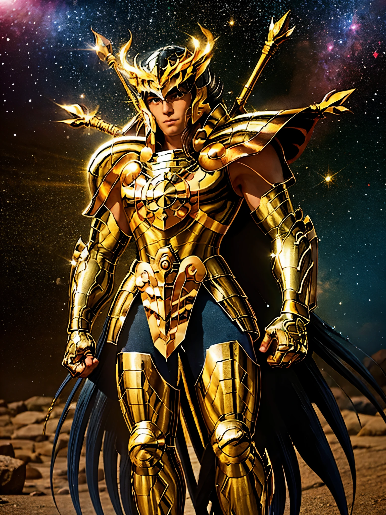 Ultra-high saturation, (tmasterpiece), full body photo, (best quality), (1man), starry sky background, Wearing shiny gold armor, armor type armor shows details of your muscles, showing the belt, showing the armor thigh protector, cool pose, Saint Seiya Armor, messy hair, high detail, Anime style, Cinematic lighting, Glitter, god light, Ray traching, filmgrain, hyper HD, skin texture, super detail, Anatomically correct, High resolution, Saturation ultra-high, High contrast, High-shiny green armor, Smooth skin, Serious expression