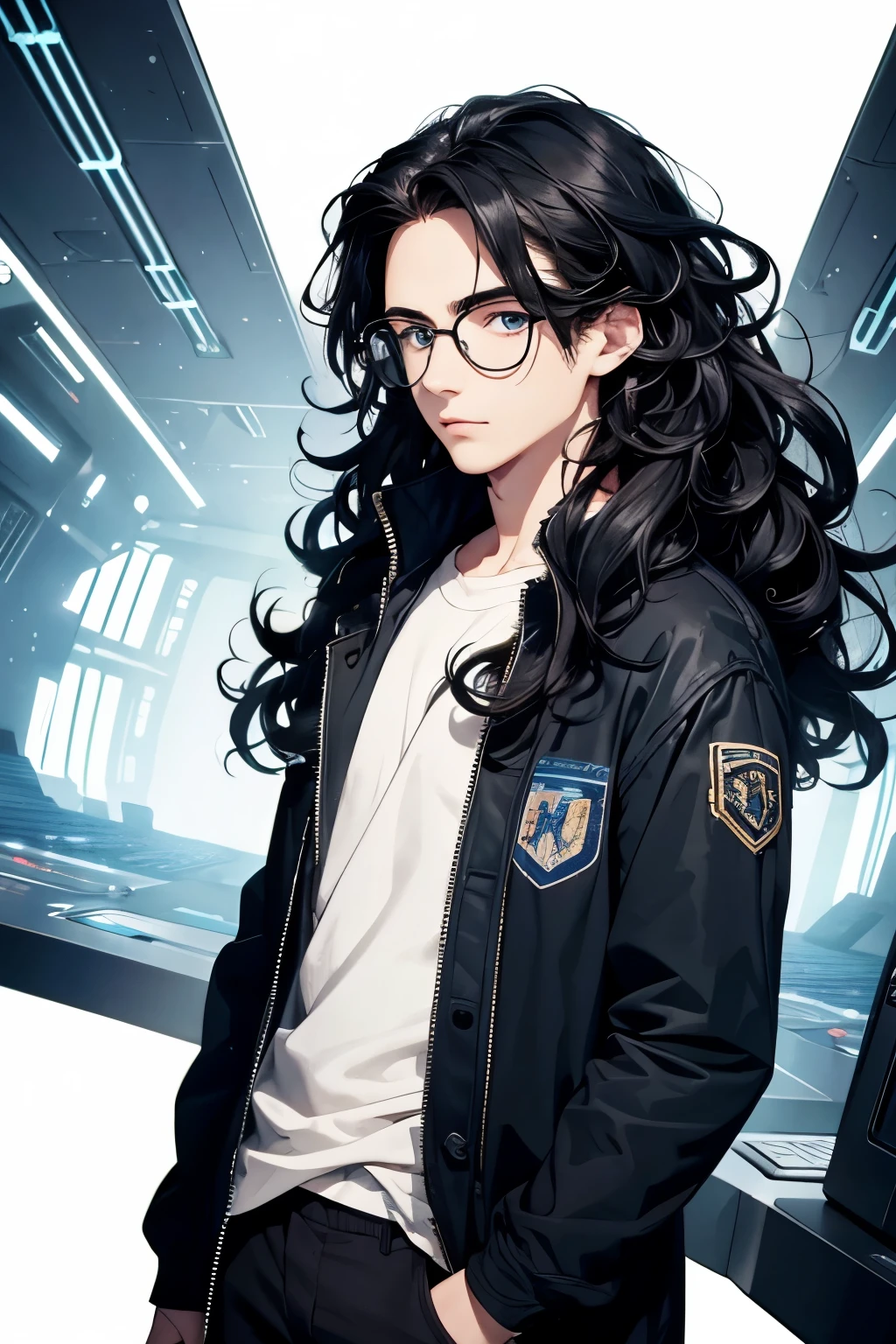 Best Quality, Masterpiece, Ultra-Detailed, 1boy, black hair, curly hair, long hair, very long hair, black glasses, skinny, pale skin, blue eyes, blue jacket, simple jacket, simple clothes, casual clothes, spaceship background