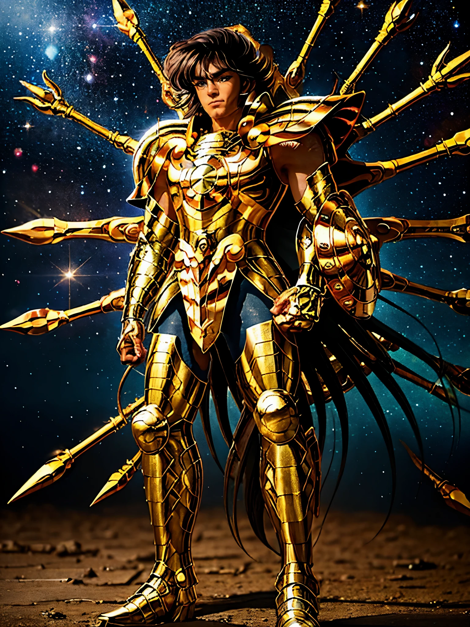 Ultra-high saturation, (tmasterpiece), full body photo, (best quality), (1man), starry sky background, Wearing shiny gold armor, armor type armor shows details of your muscles, showing the belt, showing the armor thigh protector, cool pose, Saint Seiya Armor, messy hair, high detail, Anime style, Cinematic lighting, Glitter, god light, Ray traching, filmgrain, hyper HD, skin texture, super detail, Anatomically correct, High resolution, Saturation ultra-high, High contrast, High-shiny green armor, Smooth skin, Serious expression