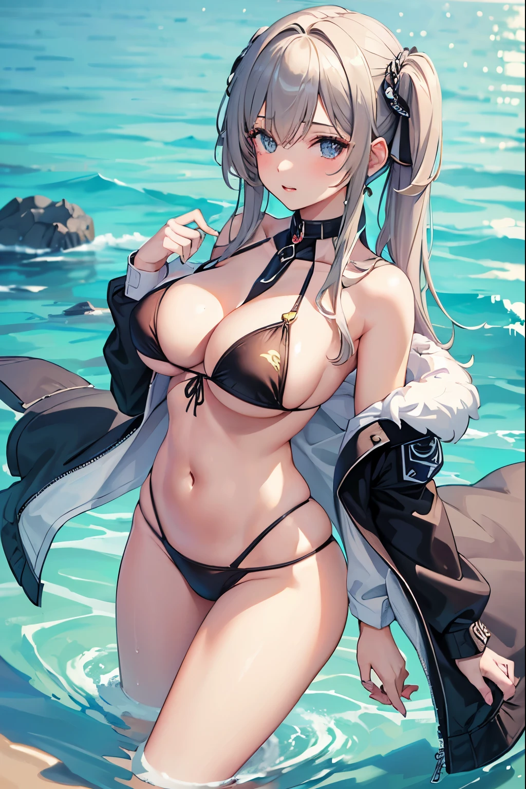 1girl, ((masterpiece, best quality, high resolution, 4k)), beauty, young girl, steht knietief im wasser, ((wearing a decorated bikini, a cloth around the buttocks))