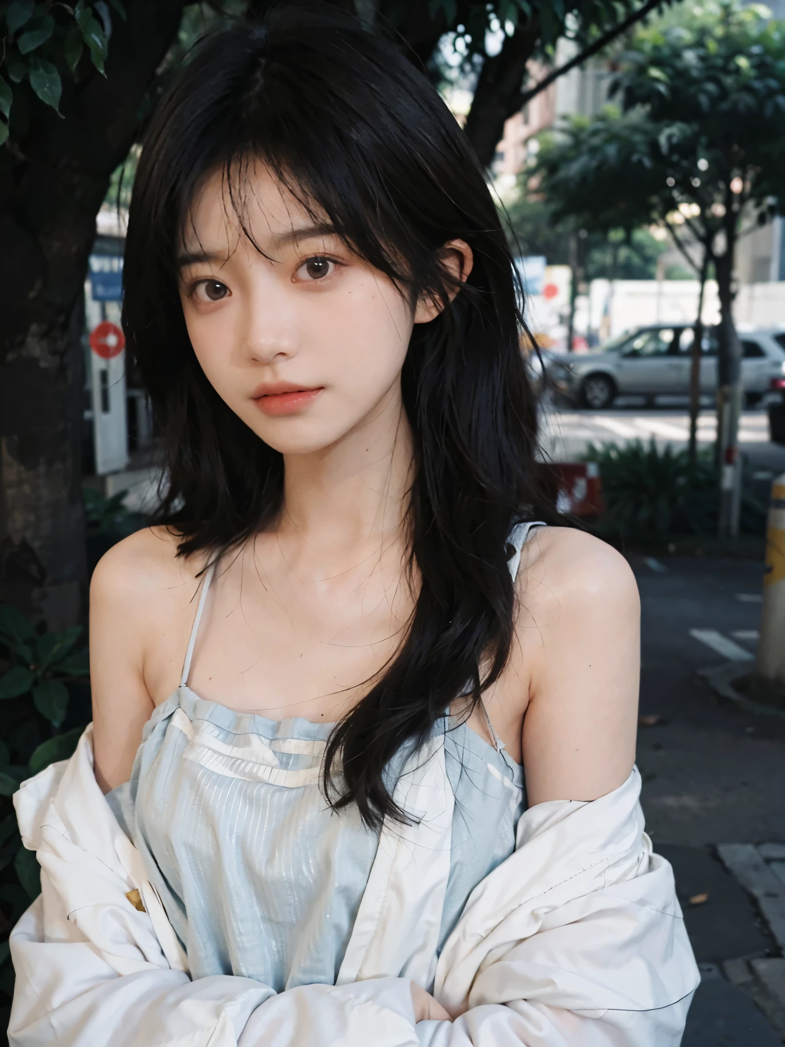 Film portrait photography, 2 girls, bare shoulders, Shoulder length wavy hair, White coat，sling， (Realistic and detailed eyes, natural skin texture, Realistic facial details),, depth of field, Bokeh, Vibrant details, Detailed and detailed, Surrealism, 35mm film, hazy, ,self-shot，