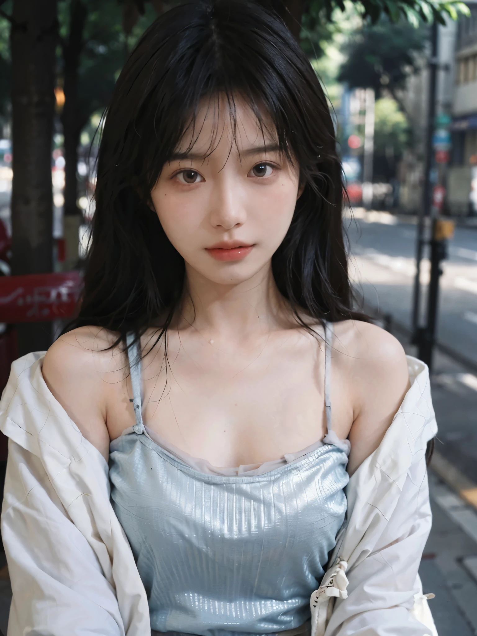 Film portrait photography, 2 girls, bare shoulders, Shoulder length wavy hair, White coat，sling， (Realistic and detailed eyes, natural skin texture, Realistic facial details),, depth of field, Bokeh, Vibrant details, Detailed and detailed, Surrealism, 35mm film, hazy, ,self-shot，