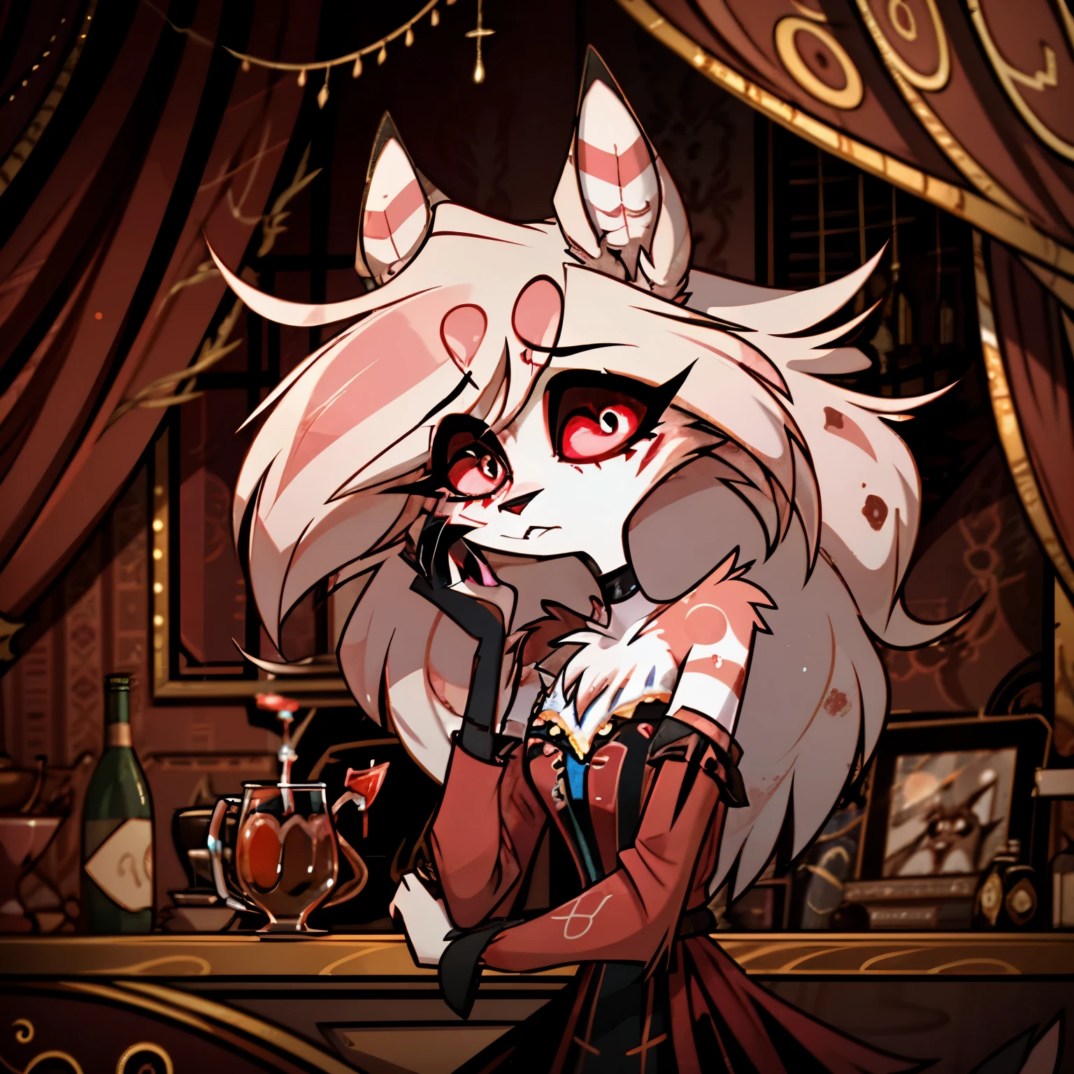 In the solitary realm of Hazbin Hotel, a captivating feminine deer and wolf hybrid demon is the sole character, evoking both intrigue and sorrow. Adorned in a color pattern of blue, and black, her long fur and hair cascade around her, adding an ethereal quality to her appearance. However, upon closer inspection, poignant markings reveal the battle she lost with depression and alcohol overdose. Despite her outward elegance, these markings serve as a reminder of her painful journey. Against the backdrop of the desolate realm, her presence, with its mixture of beauty and haunting sorrow, captivates and invites contemplation in the world of Hazbin Hotel. ((solo)), ((1character))