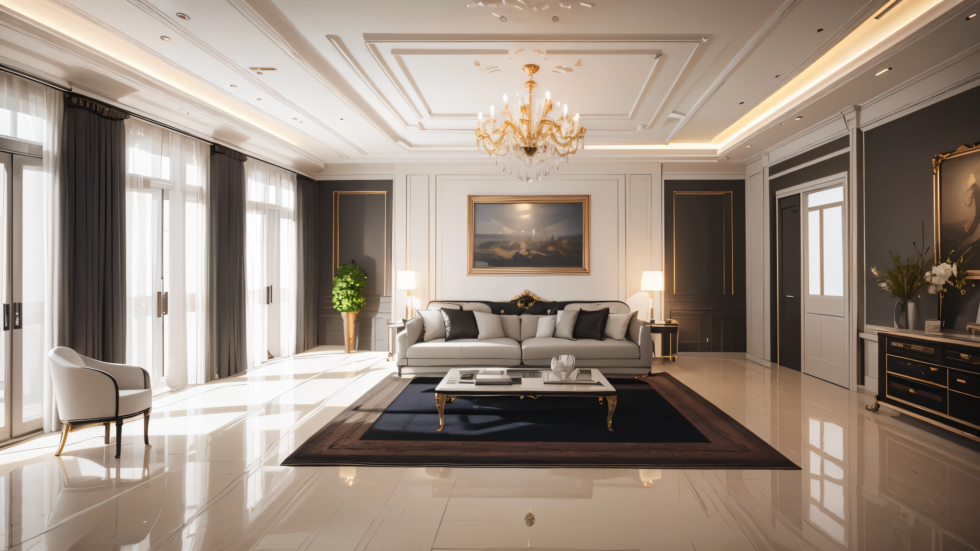 You are a famous interior designer、You have been asked to create a 3D image of a modern large room. Create a harmonious environment with modern and minimalist furniture. Including garden interior.