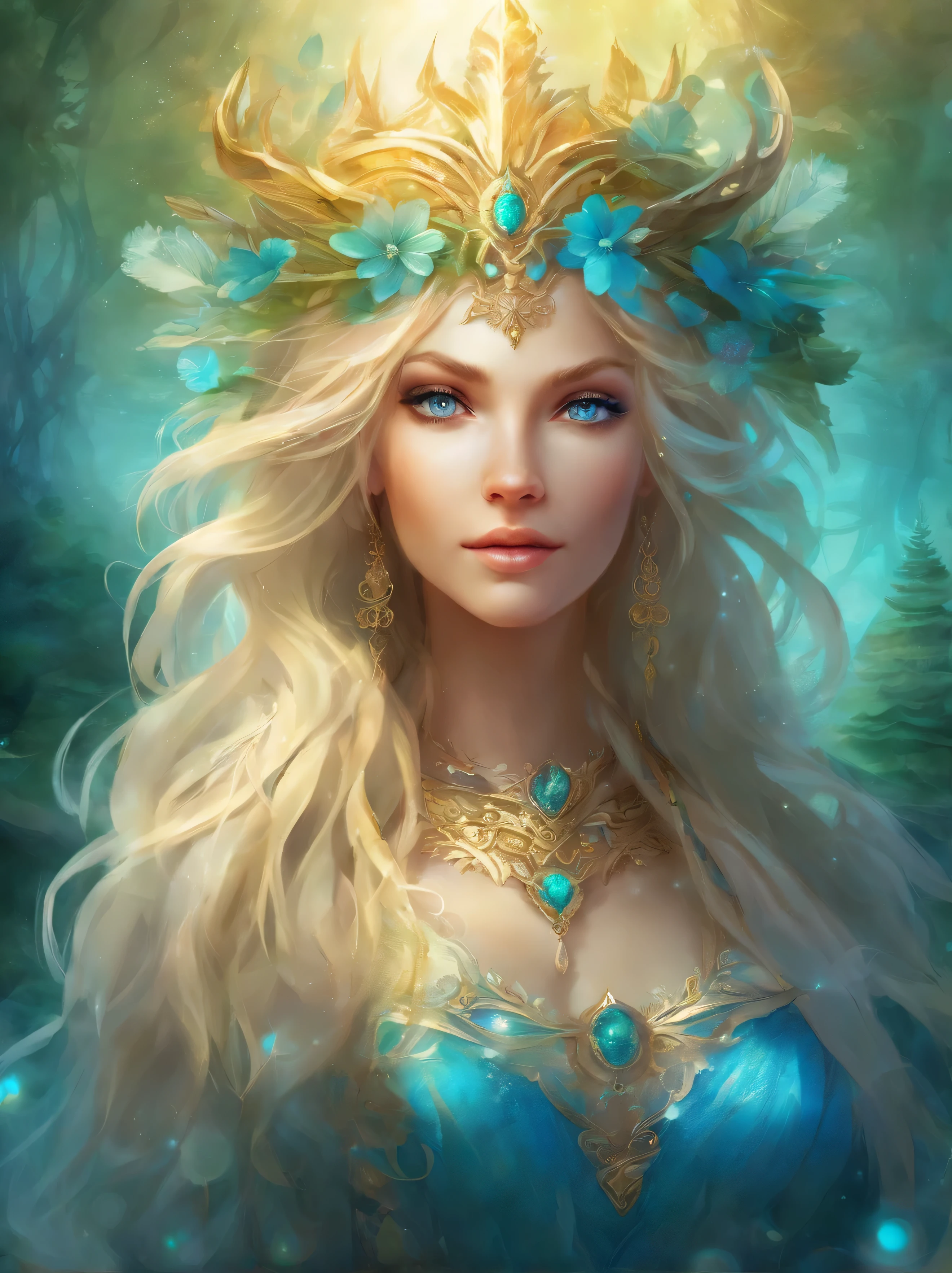 Weibchen mit leuchtend ocean blue Augen, blond Haar, Hexe, goddess, leuchtende Zauber wirken, in mystical fantasy forests, evil grin