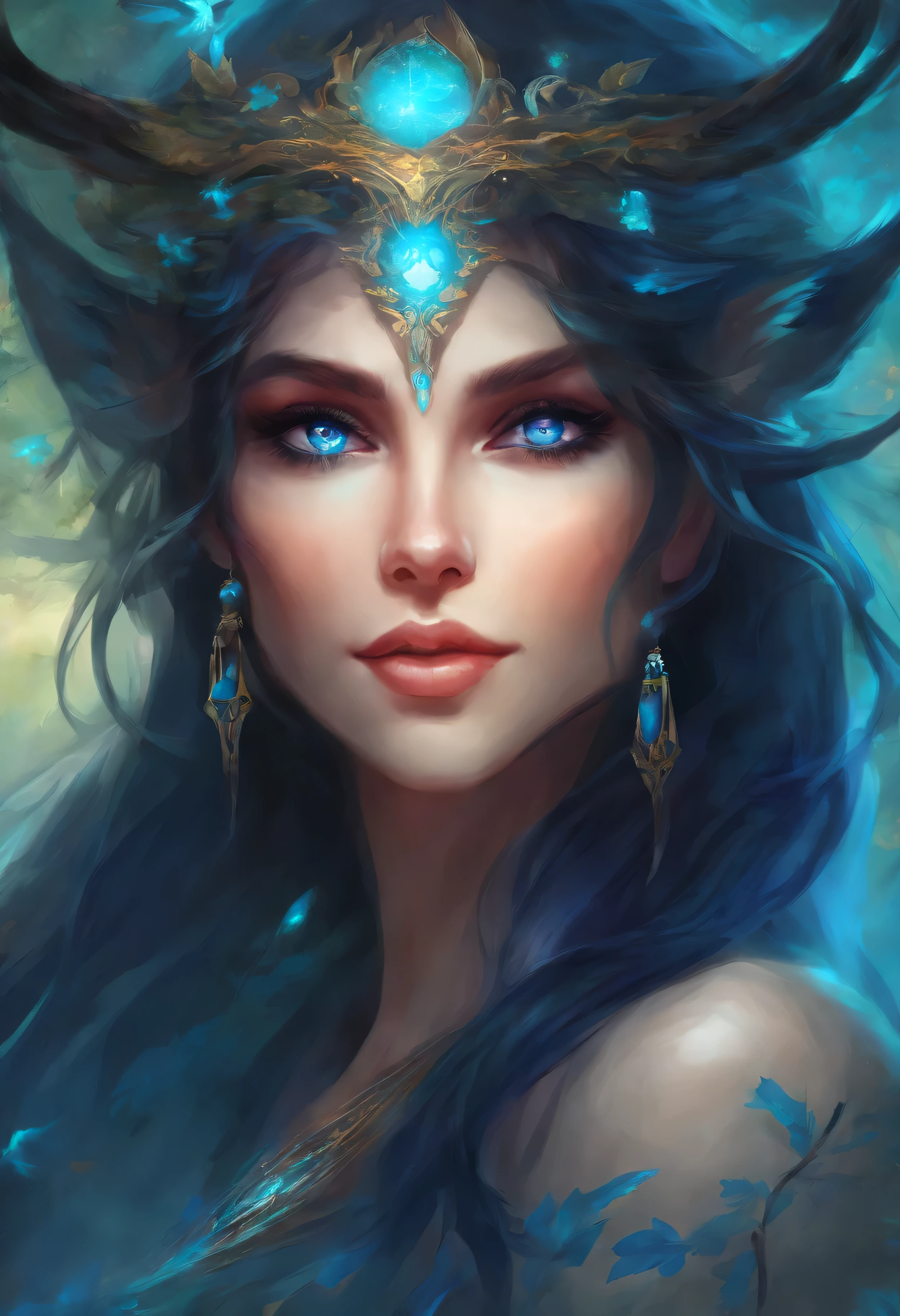 Weibchen mit leuchtend blauen Augen, black Haar, Hexe, goddess, leuchtende Zauber wirken, in mystical fantasy forests, evil grin