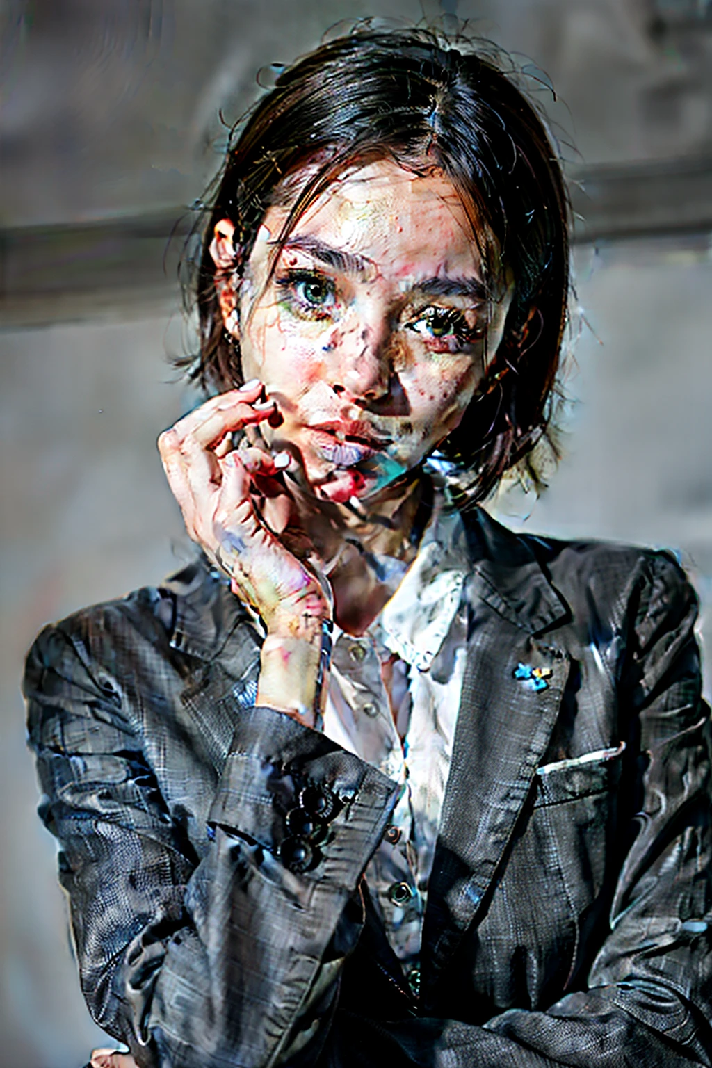 A girl with，The background is a white wall