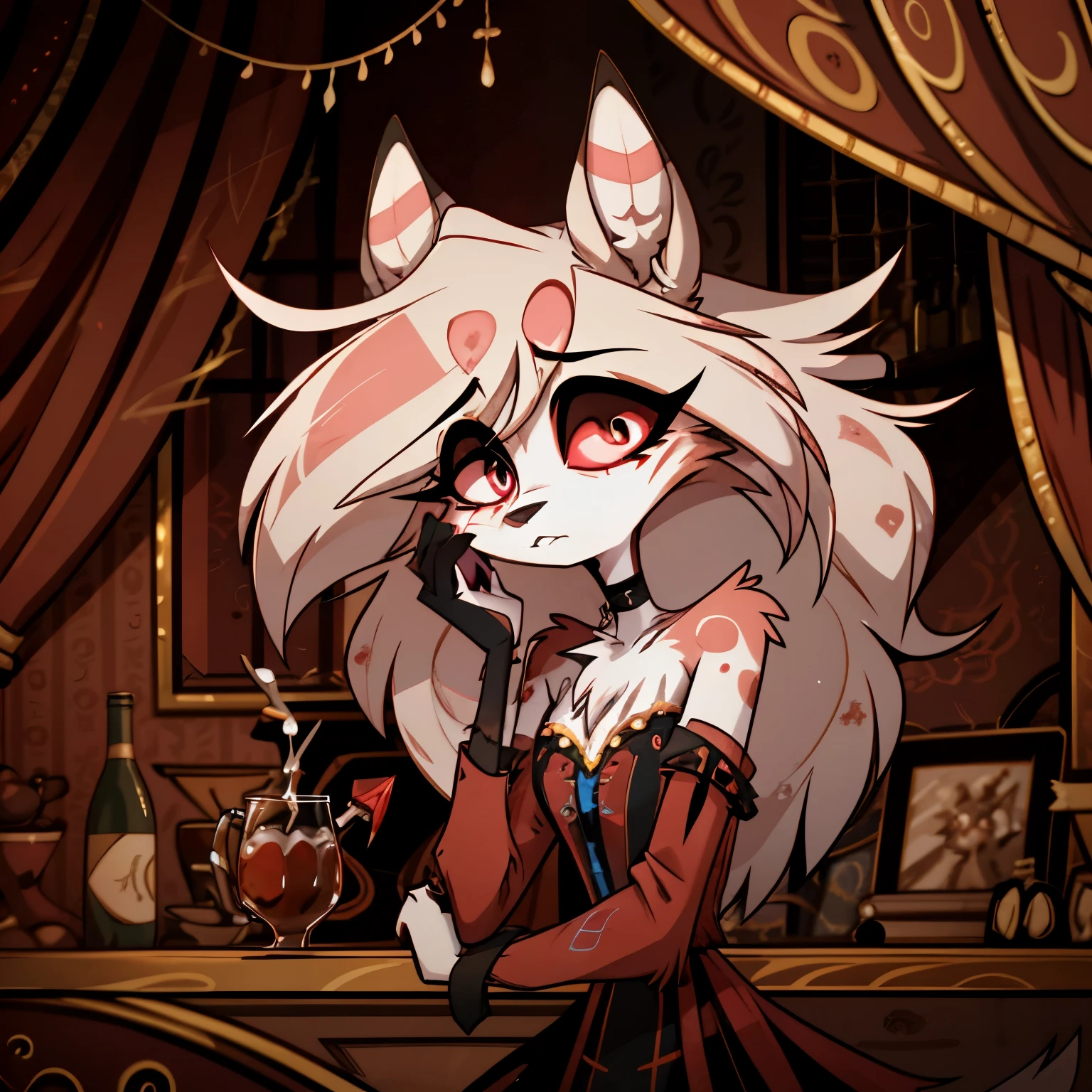 In the solitary realm of Hazbin Hotel, a captivating feminine deer and wolf hybrid demon is the sole character, evoking both intrigue and sorrow. Adorned in a color pattern of blue, and black, her long fur and hair cascade around her, adding an ethereal quality to her appearance. However, upon closer inspection, poignant markings reveal the battle she lost with depression and alcohol overdose. Despite her outward elegance, these markings serve as a reminder of her painful journey. Against the backdrop of the desolate realm, her presence, with its mixture of beauty and haunting sorrow, captivates and invites contemplation in the world of Hazbin Hotel. ((solo)), ((1character))