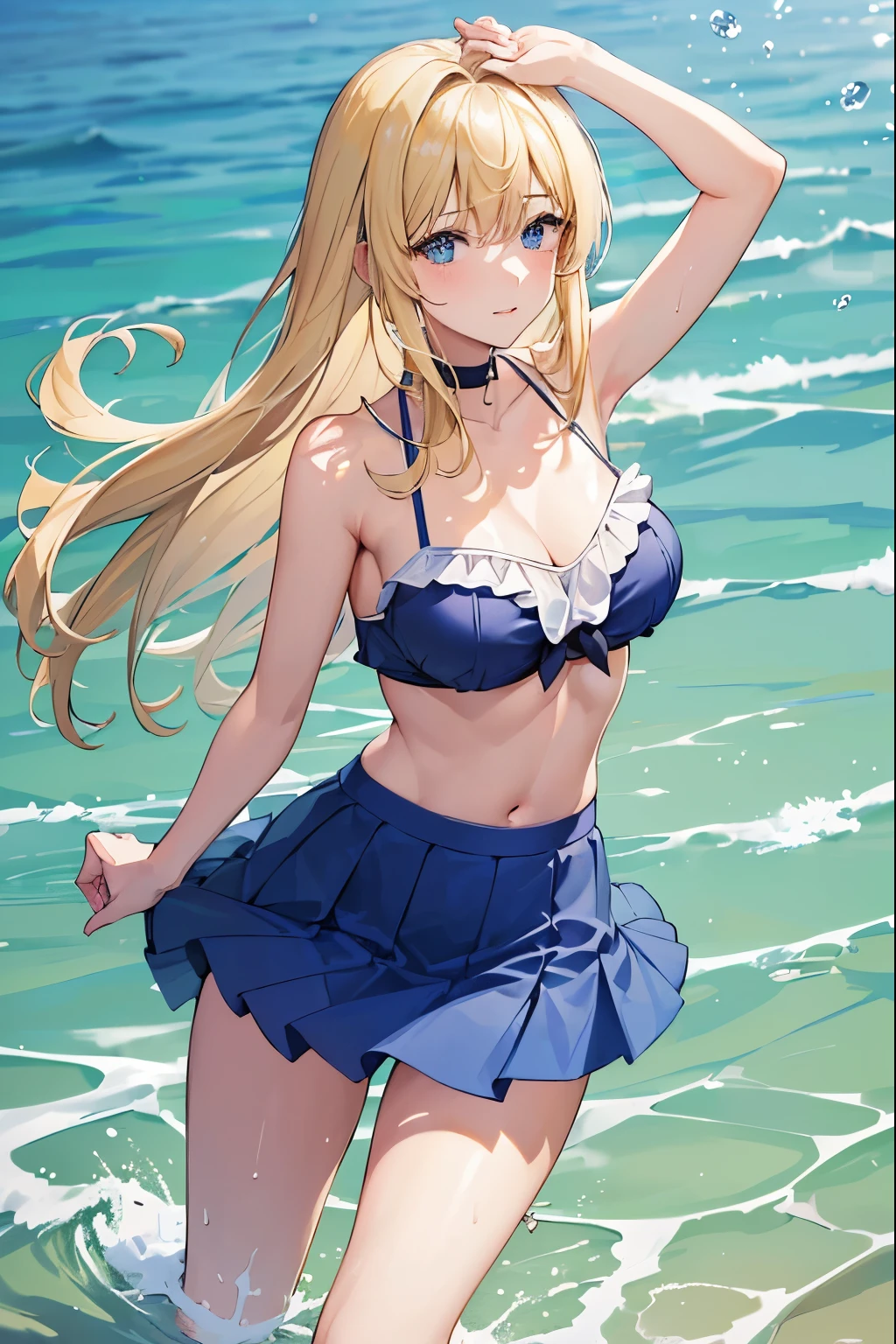 1girl, ((masterpiece, best quality, high resolution, 4k)), beauty, young girl, schlank, steht knietief im wasser, ((wearing a balues bikini top, wearing a blue short sports skirt)), ((blonde haare, lange haare, blaue augen, big )), cute, thicc, ((spielt mit dem wasser, planscht mit dem wasser))