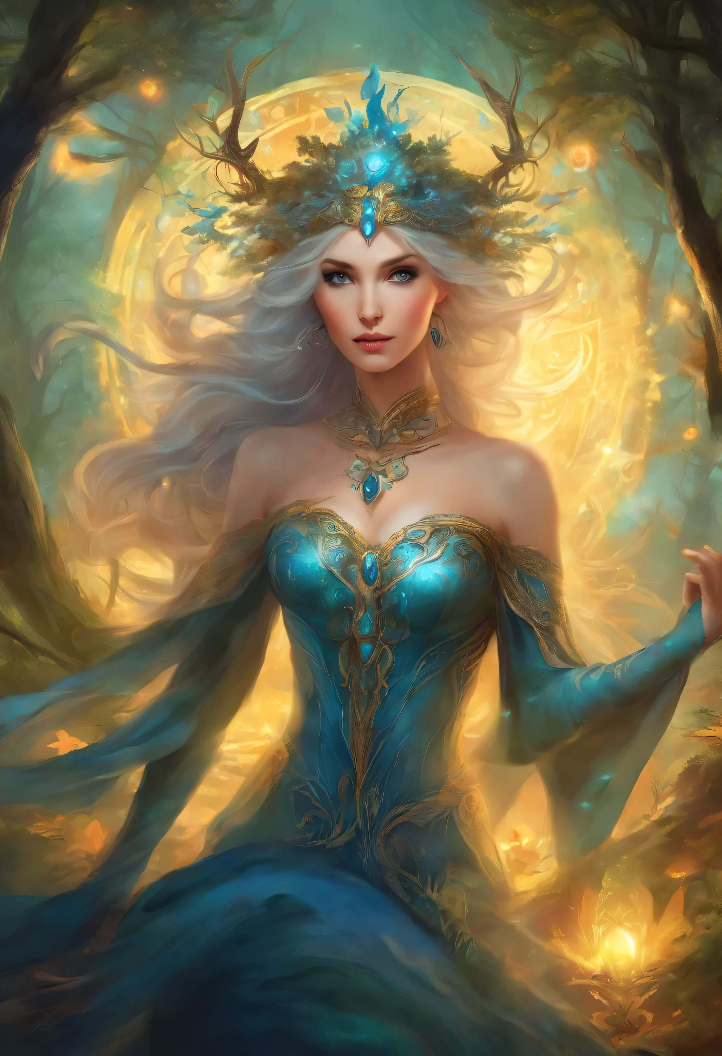 Weibchen mit leuchtend blauen Augen, black Haar, Hexe, goddess, leuchtende Zauber wirken, in mystical fantasy forests, evil grin