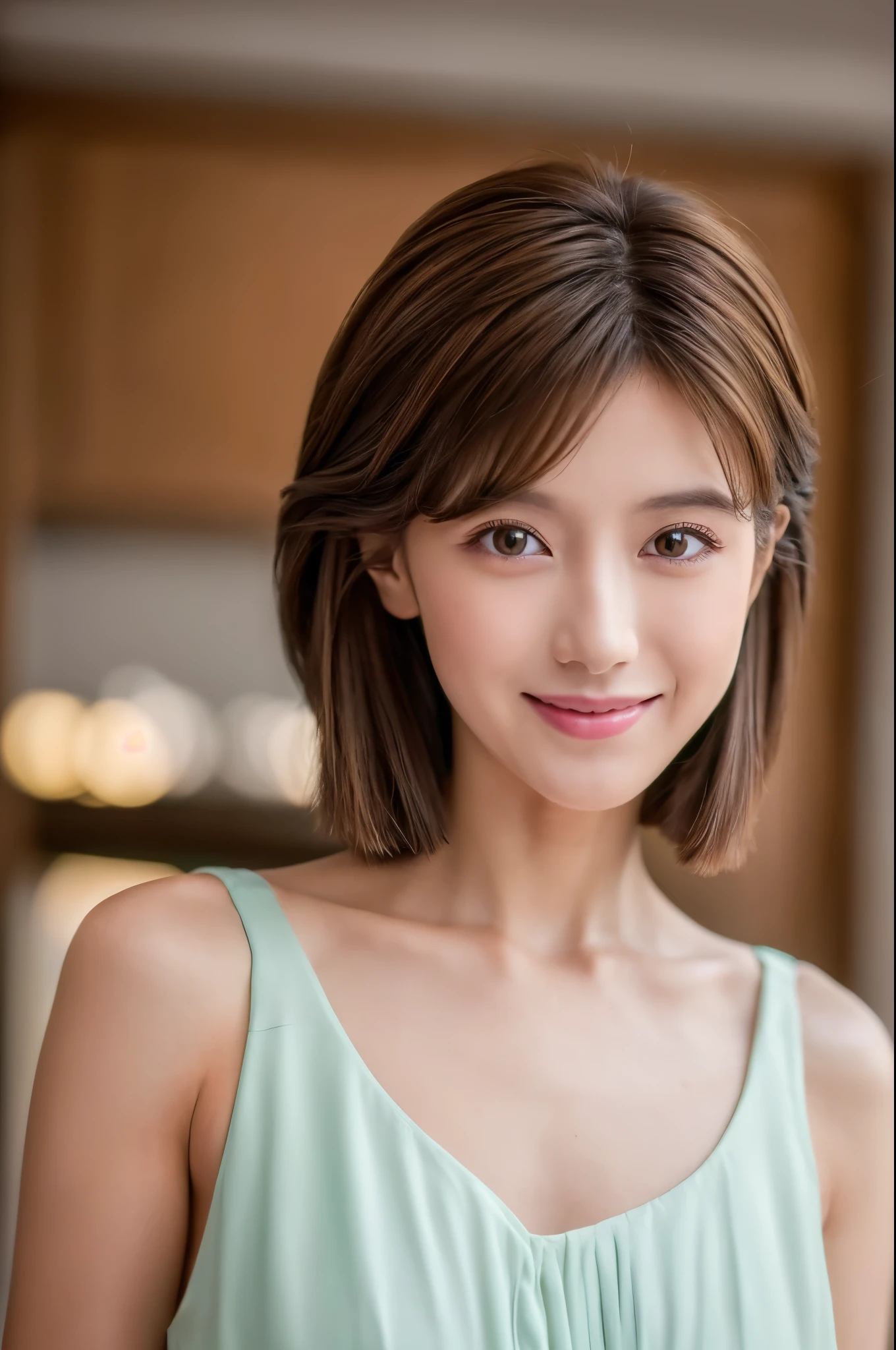 ((Best Quality, 8K, Masterpiece: 1.3)), 1 Girl, Slim Abs Beauty: 1.3, (Hairstyle Brown Hair Shortcut, Big: 1.2), Dress: 1.1, Super Slender Face, Delicate Eyes, Double Eyelids, Smile, Home, Raw Photo