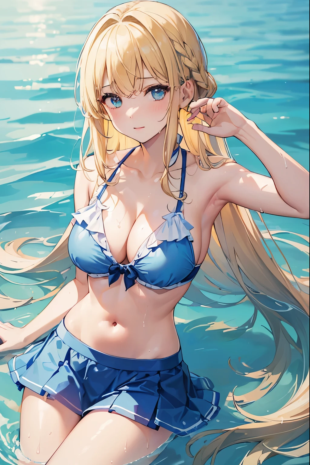 1girl, ((masterpiece, best quality, high resolution, 4k)), beauty, young girl, schlank, steht knietief im wasser, ((wearing a balues bikini top, wearing a blue short sports skirt)), ((blonde haare, lange haare, blaue augen, big )), cute, thicc, ((spielt mit dem wasser, planscht mit dem wasser)), nass, nasse kleidung
