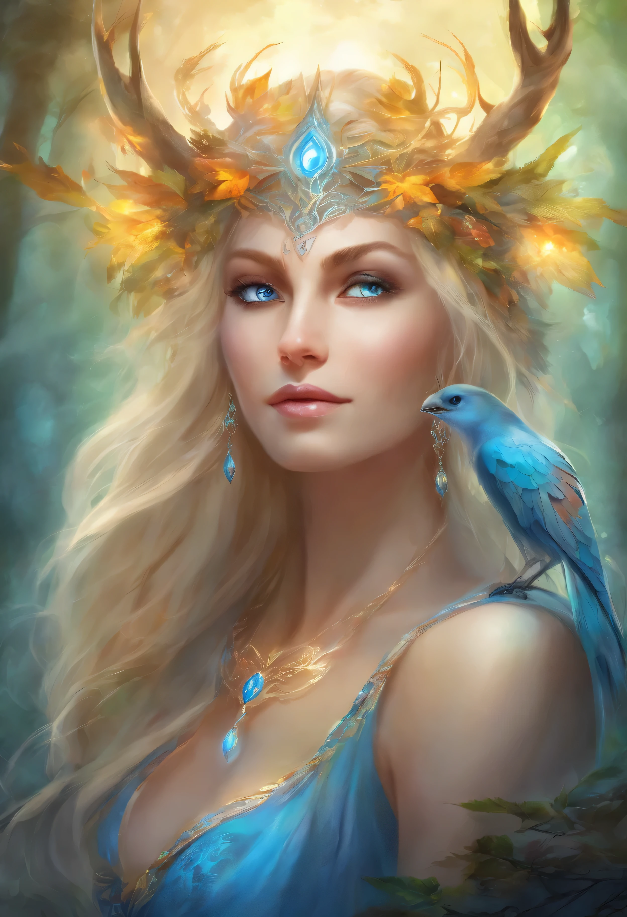 Weibchen mit leuchtend blauen Augen, blondes Haar, Hexe, goddess, leuchtende Zauber wirken, in mystical fantasy forests, evil grin