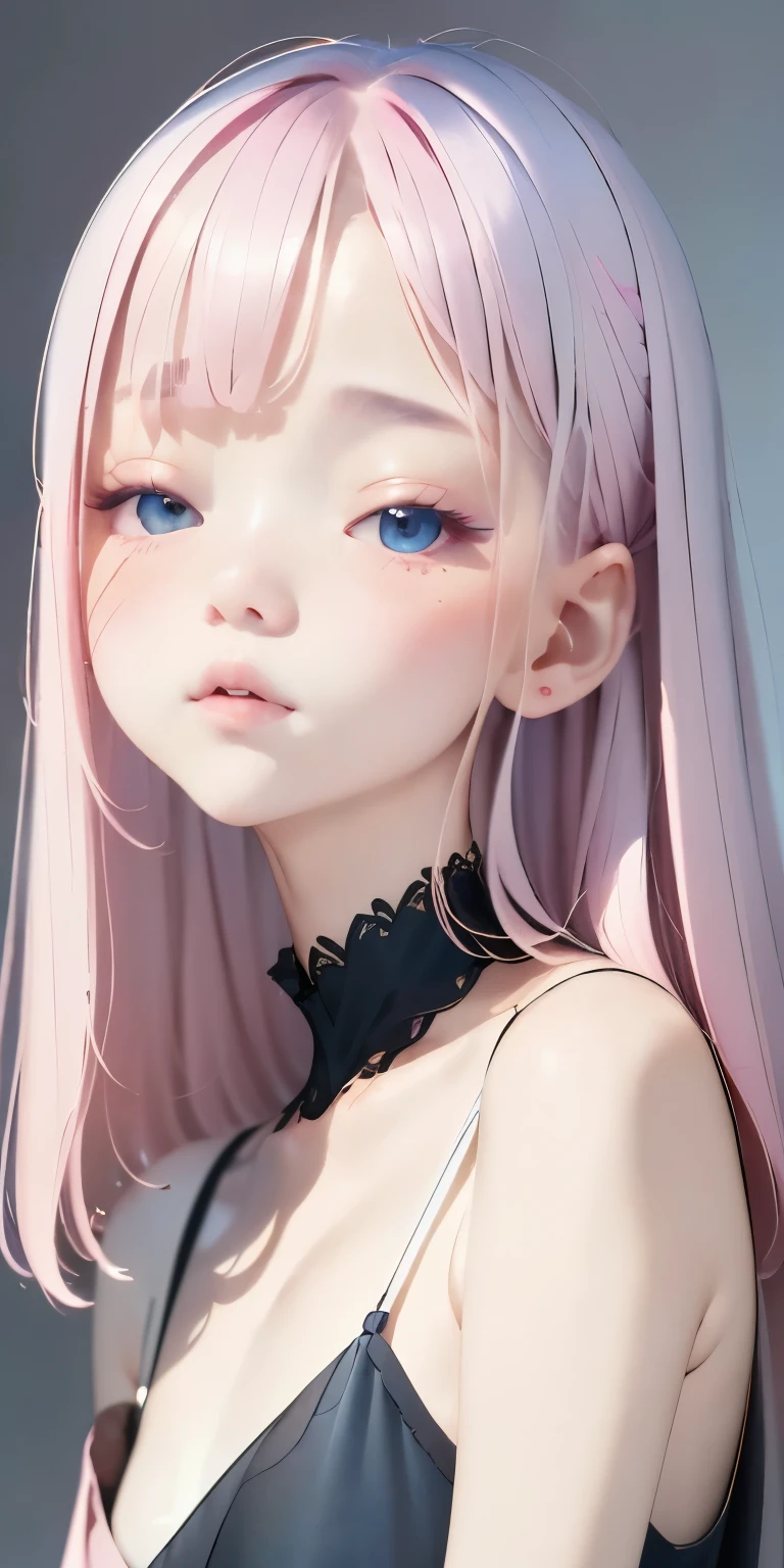 one girl、１６talent、perfect anatomy、small face、small nose、plump lips、distinctive hairstyle、light pink hair、small breasts、Black dress、open neck dress、random pose、(((Background that looks like a watercolor painting in pale colors、blurred background)))、highest quality、High resolution、High resolution、cinematic lighting、professional photographer
