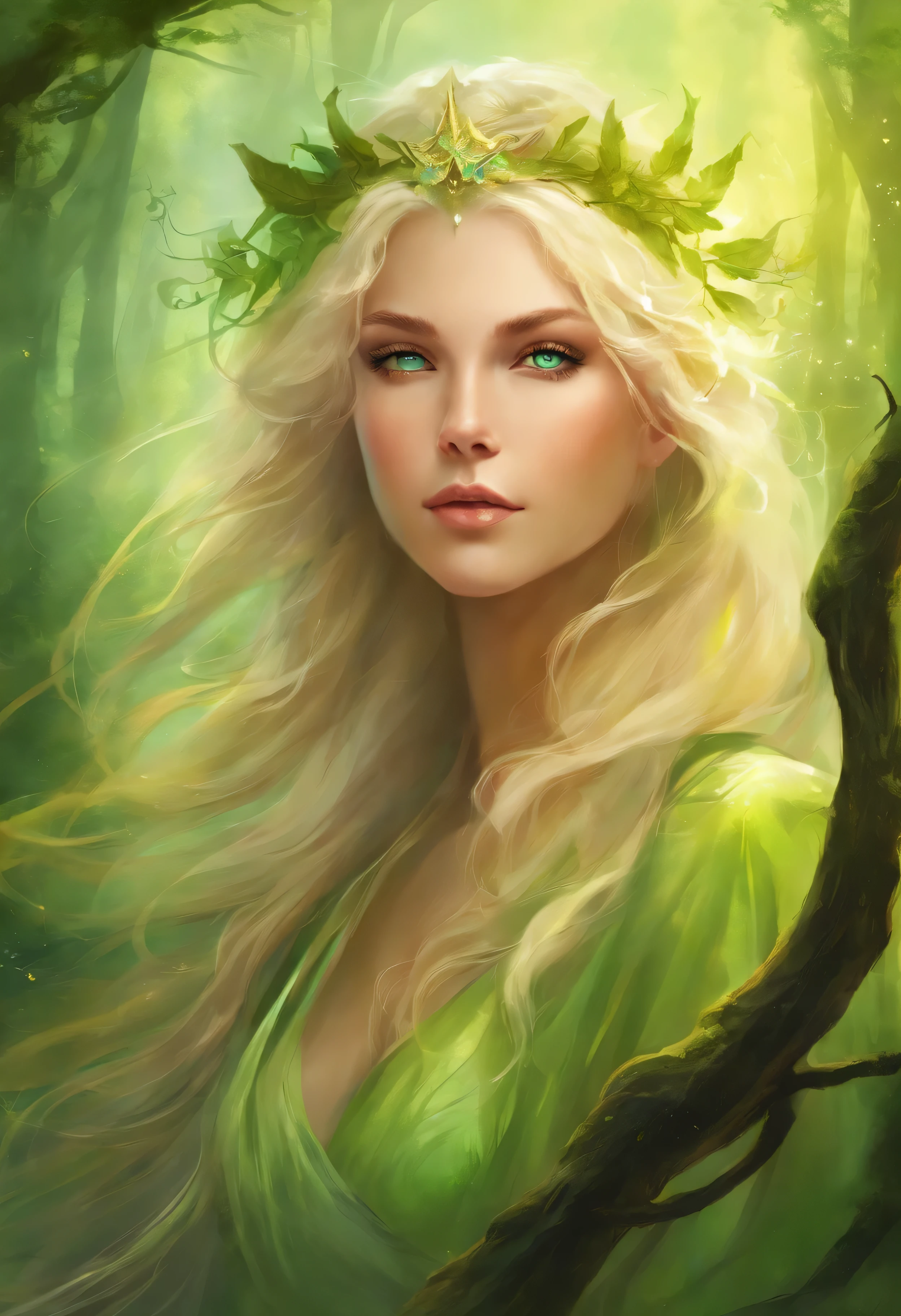 Female with bright green eyes, Blondes Haar, hexe, goddess, leuchtende Zauber wirken, in mystical fantasy forests, evil grin