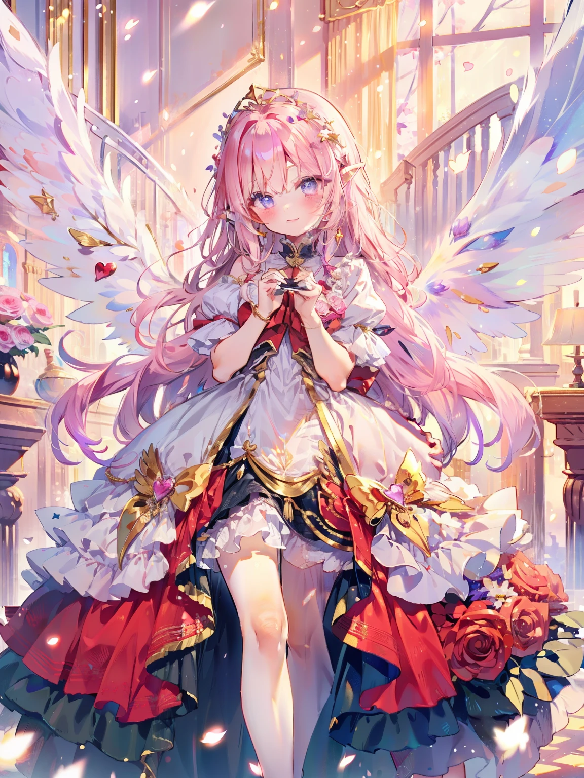 (best quality,insanely detailed,beautiful,exquisite,16K,Full-HD,absurdres),valentine's day,((Upper body)),golden ratio,blushing and shy,white background,((A field of roses)),((standing holding a heart)),soft expression,(smile with your mouth slightly open),((light smile,Happy:1.5)),((A long red dress that covers your legs:1.1)),((Sparkling red fluffy layered ball gown)),A large and beautiful dress inspired by rose flowers, lots of flowers、gold decoration,Black ruffles、Intricate billowy ball gown with rhinestones,The heart is floating, (turn around),Smile tastefully、,((giant white fairy wings))、gradient hair, golden hair, hair in the wind, wavy hair,fluffy hair,tiara,Lavender colored eyes, long eyelashes, beautiful eyes、light pink blush,pointy ears, bright pupils, long and thin legs, golden hour, shining light, warm lighting,only one face