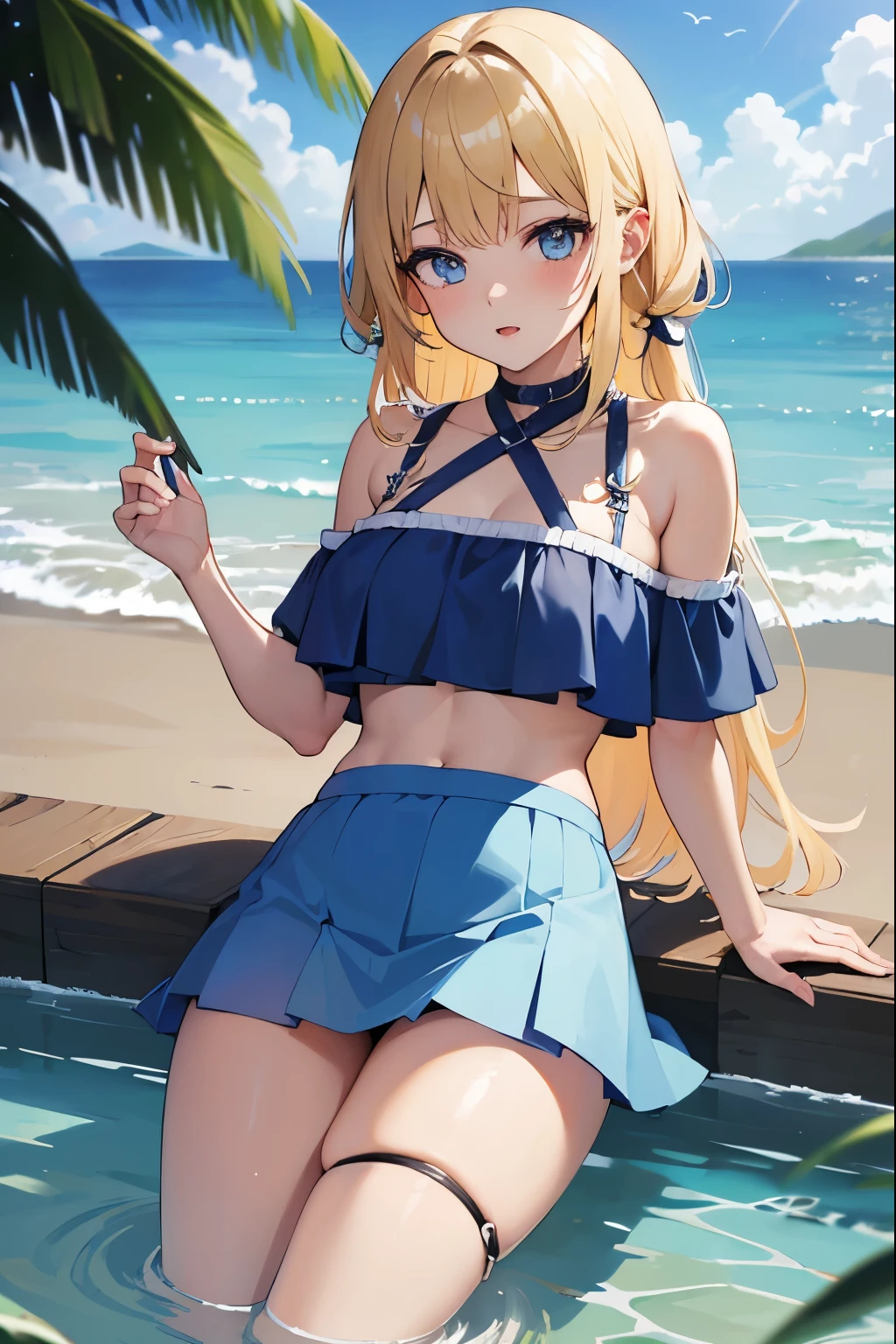 1girl, ((masterpiece, best quality, high resolution, 4k)), beauty, young girl, schlank, steht knietief im wasser, ((wearing a balues bikini top, wearing a blue short sports skirt)), ((blonde haare, lange haare, blaue augen, big )), cute, thicc, ((spielt mit dem wasser, planscht mit dem wasser))