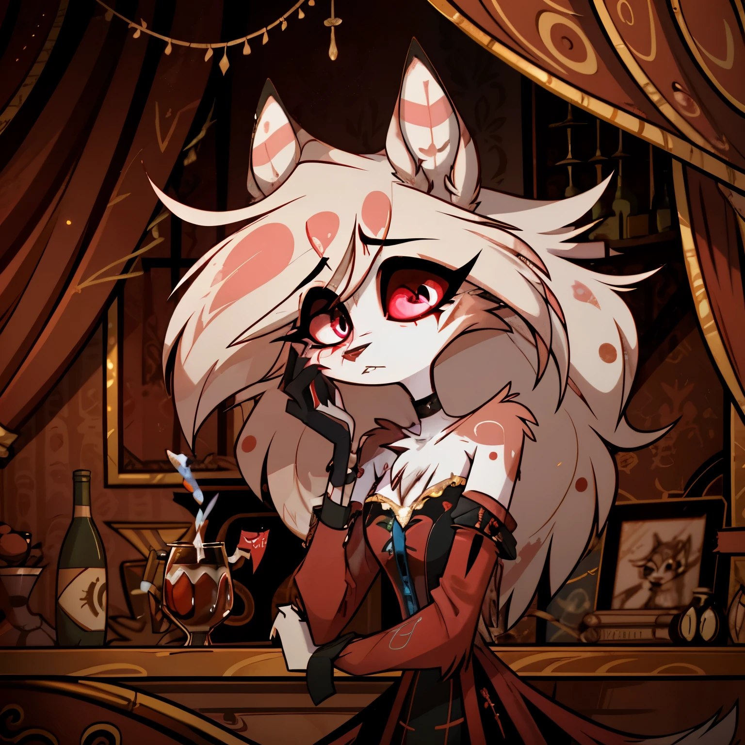 In the solitary realm of Hazbin Hotel, a captivating feminine deer and wolf hybrid demon is the sole character, evoking both intrigue and sorrow. Adorned in a color pattern of blue, and black, her long fur and hair cascade around her, adding an ethereal quality to her appearance. However, upon closer inspection, poignant markings reveal the battle she lost with depression and alcohol overdose. Despite her outward elegance, these markings serve as a reminder of her painful journey. Against the backdrop of the desolate realm, her presence, with its mixture of beauty and haunting sorrow, captivates and invites contemplation in the world of Hazbin Hotel. ((solo)), ((1character))