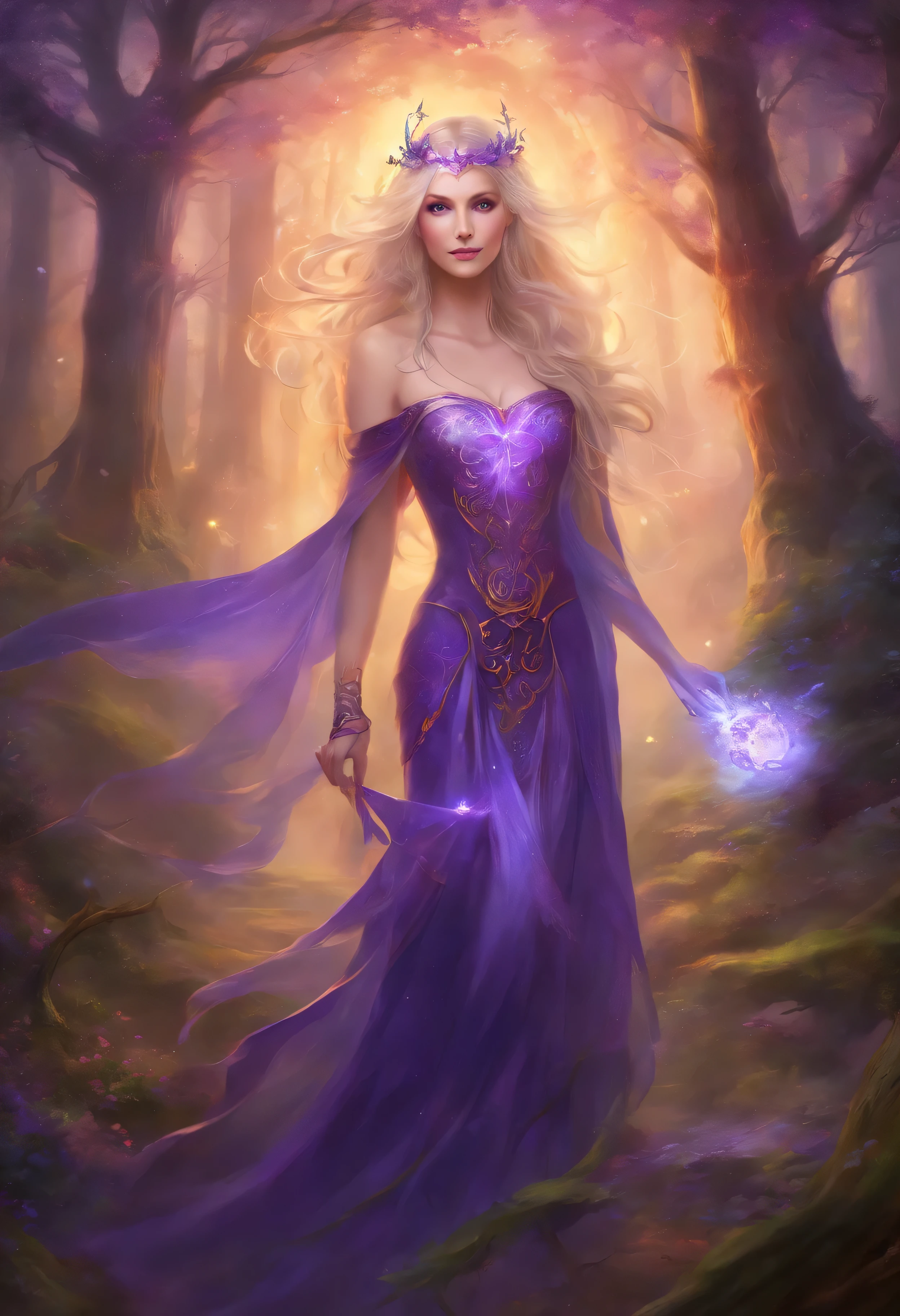 Weibchen mit leuchtend violetten Augen, blondes Haar, Hexe, goddess, leuchtende Zauber wirken, in mystical fantasy forests, evil grin