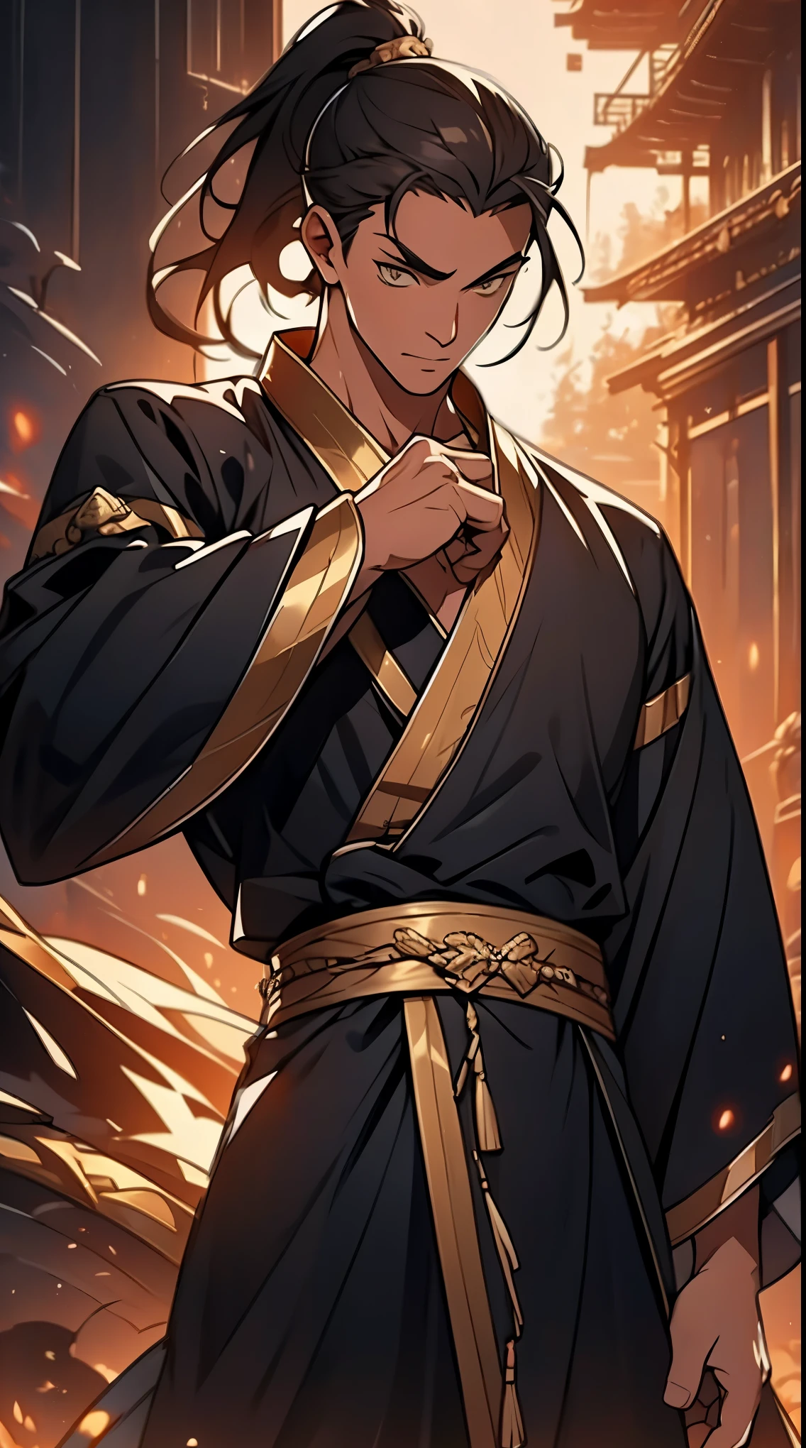 Two dimensions，anime style，one person（male warrior），proportions are correct，facial details，swordsman，high ponytail hairstyle，neck detail，Have an Adam&#39;s apple，Black and gold robe，joke，Black and gold robe，clothing details，Handing over，long sleeves，Game quality，fencing，Ray tracing，Ray tracing，Detailed glow，CG rendering，hair details，Long black and blond hair，Black-gold eyes，Handsome，Handsome，（Youthful feeling），Clothing is complicated，Perfect composition，refine，high quality，higher details，many details，Complex background，a sense of atmosphere，