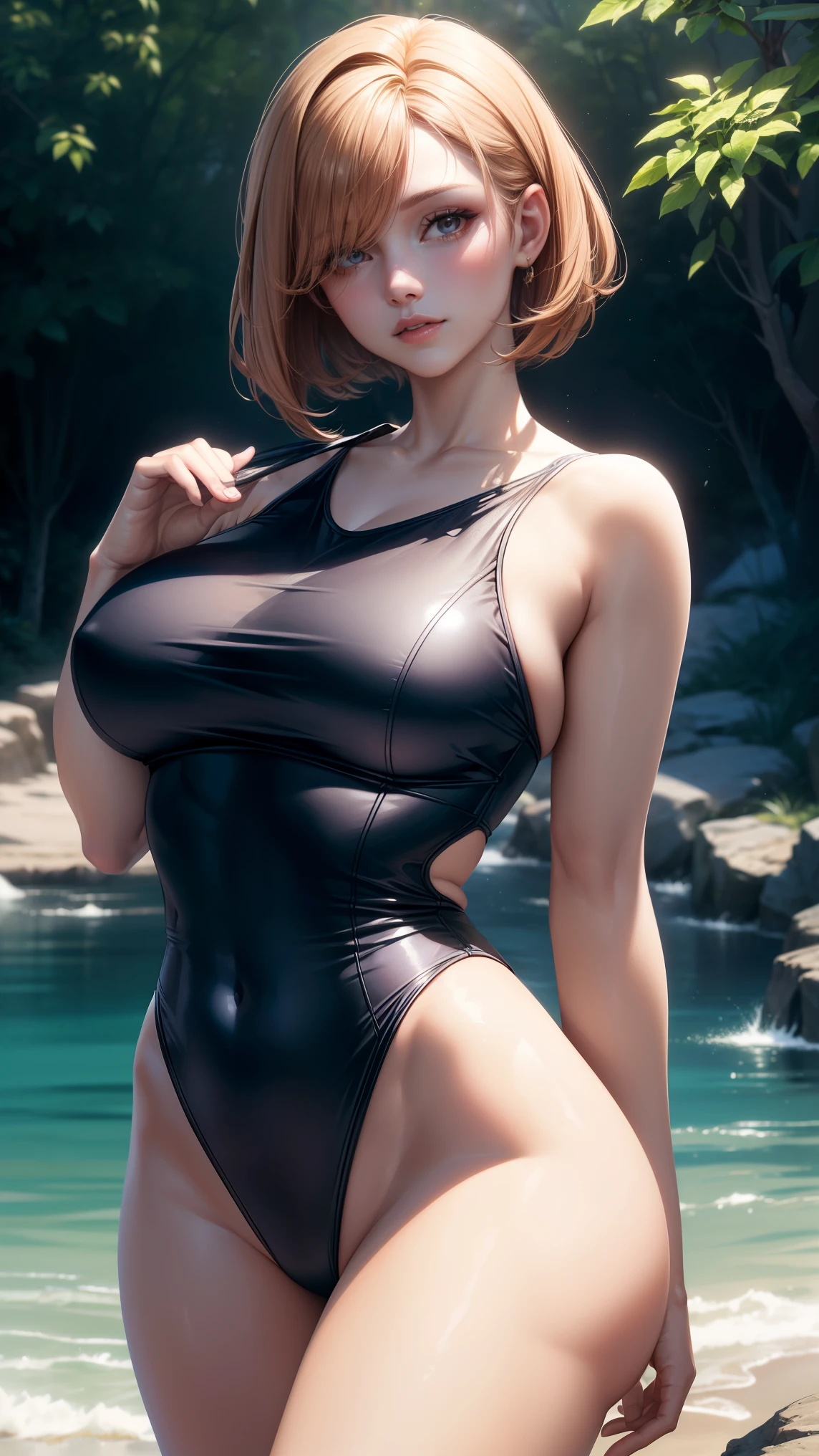 1girl,(ultra detailed skin),curvy,,beautiful breasts,(medium breasts),pale skin,pointy breasts,erect nipples,(fantasy art,Highest image quality,Hyperrealist portrait,(8k),ultra-realistic,best quality, high quality, high definition, high quality texture,high detail,beautiful detailed,fine detailed,extremely detailed cg,detailed texture,a realistic representation of the face,masterpiece,Sense of presence,Dynamic,bold),short hair,(ultra thin hair),(ultra soft hair),(ultra straight hair:1.5),Swept long bangs,extra light coppery amber hair,hair over one eye,see through sailor swimsuit