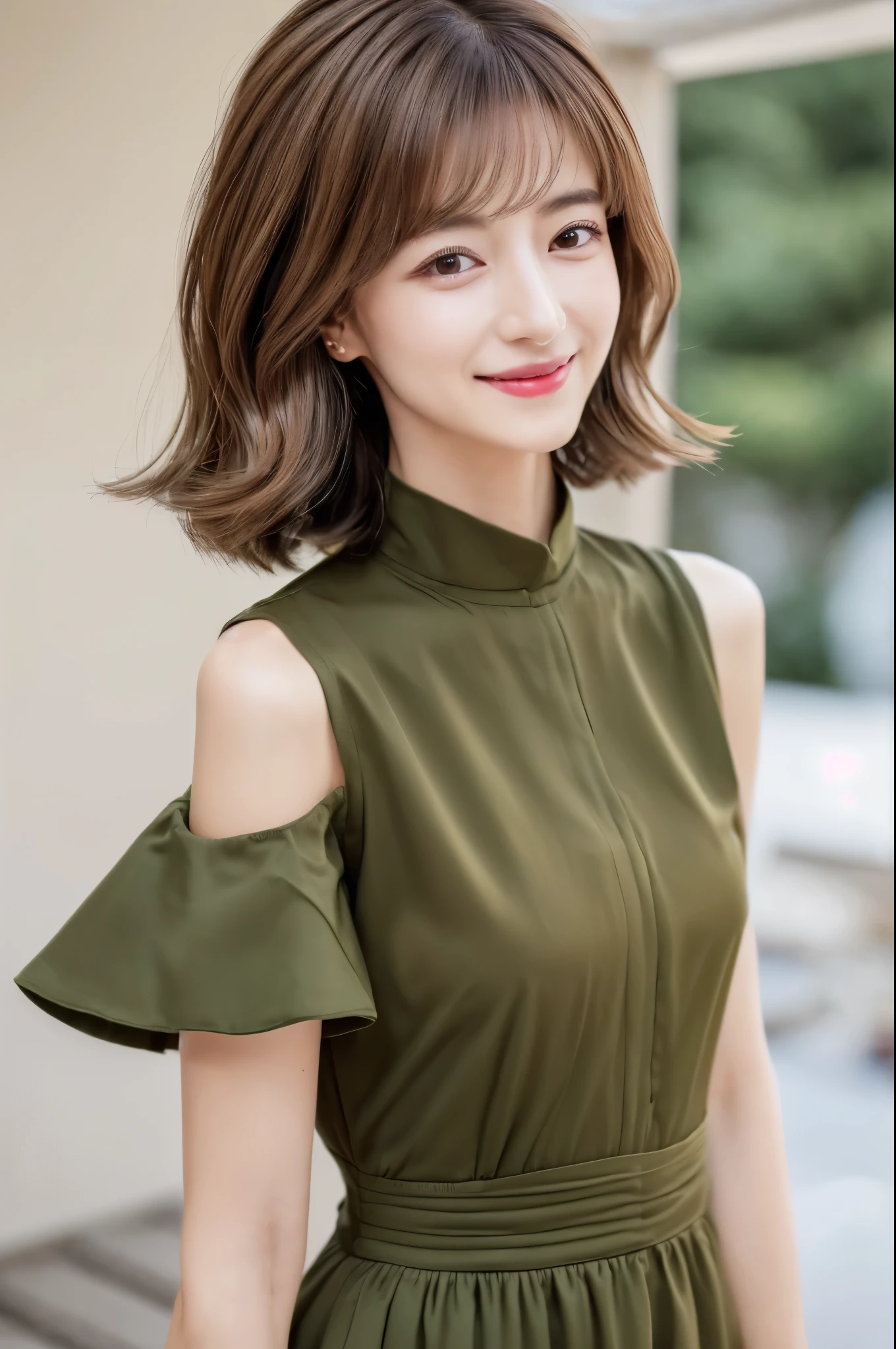((Best Quality, 8K, Masterpiece: 1.3)), 1 Girl, Slim Abs Beauty: 1.3, (Hairstyle Brown Hair Shortcut, Big: 1.2), Dress: 1.1, Super Slender Face, Delicate Eyes, Double Eyelids, Smile, Home, Raw Photo