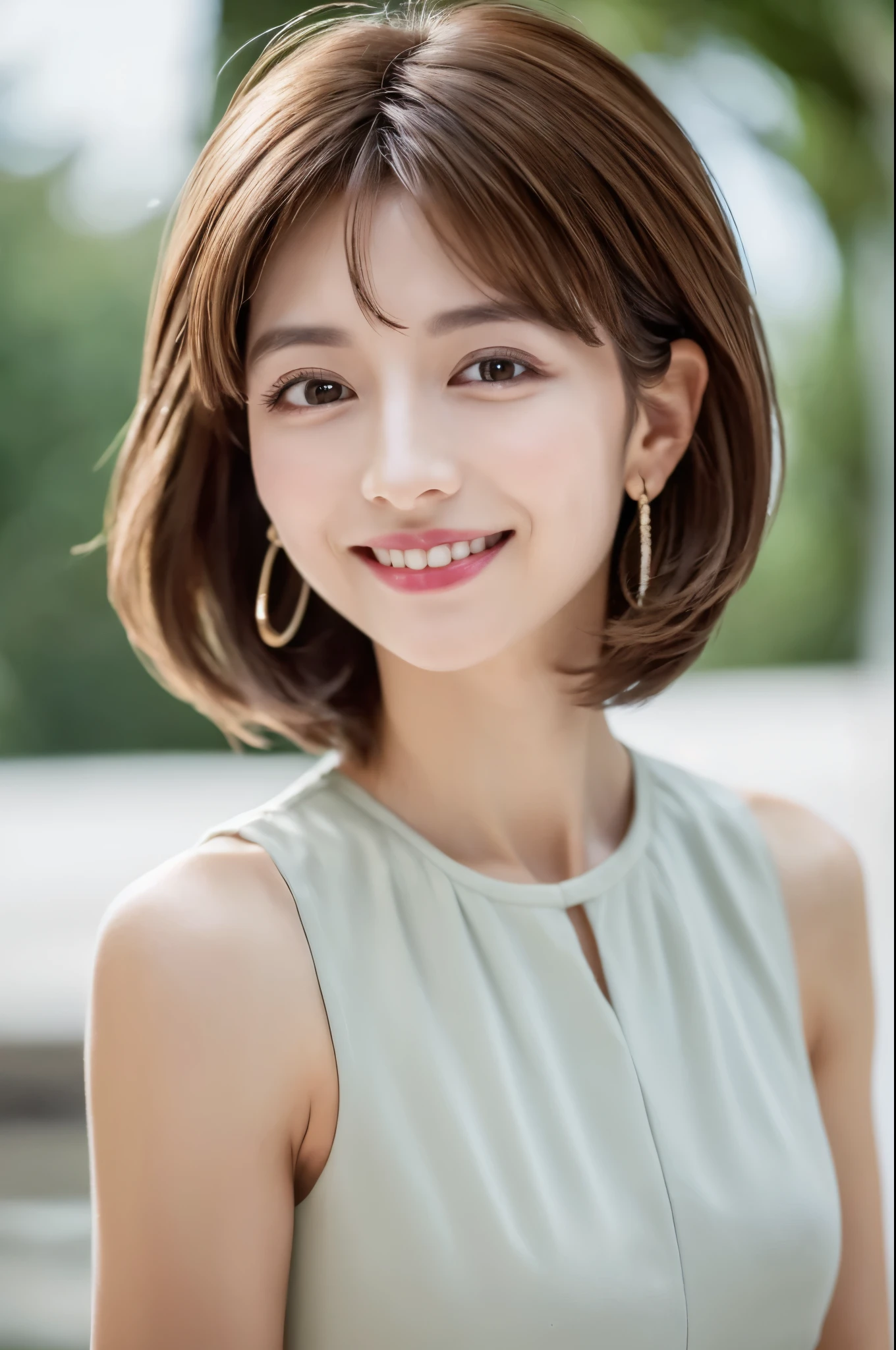 ((Best Quality, 8K, Masterpiece: 1.3)), 1 Girl, Slim Abs Beauty: 1.3, (Hairstyle Brown Hair Shortcut, Big: 1.2), Dress: 1.1, Super Slender Face, Delicate Eyes, Double Eyelids, Smile, Home, Raw Photo
