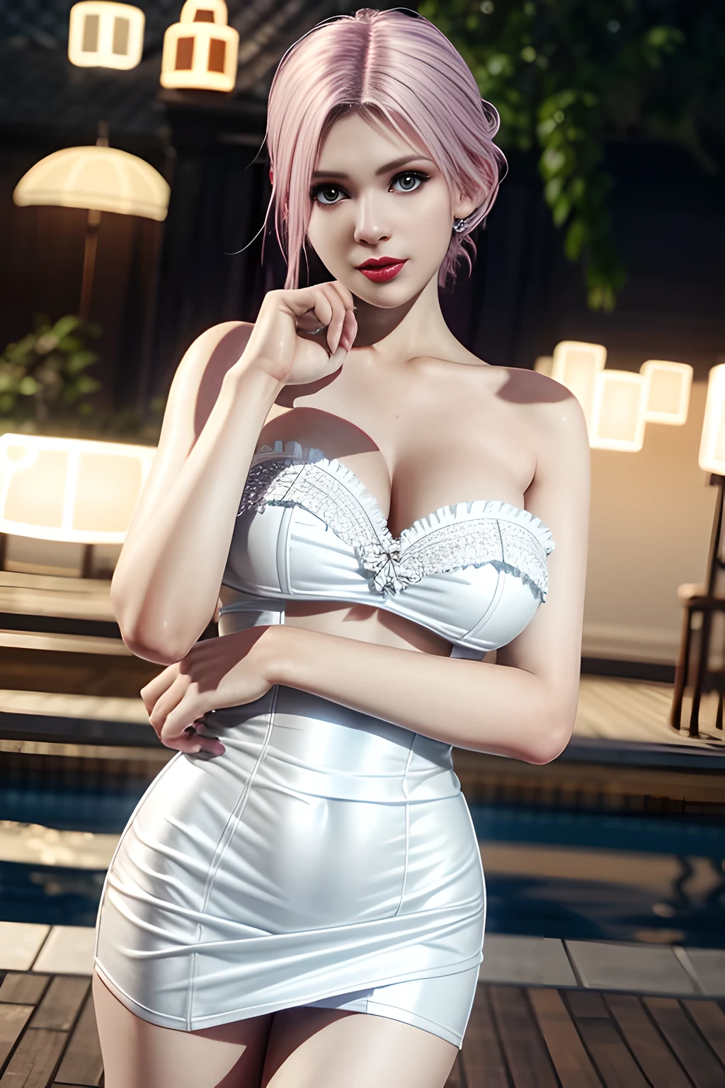 1 girl,Alice,(pajamas),(White strapless dress:1.4),outdoor, (standing posture),grace,(((red lips))), Lips slightly open, clavicle,Lactation,(huge breasts),shiny skin,((8k, original photo, top quality, masterpiece), HD RAW color photos professional close-up photos, (actual, photorealism: 1.37), (best quality),8k,Fabric luster,alone,