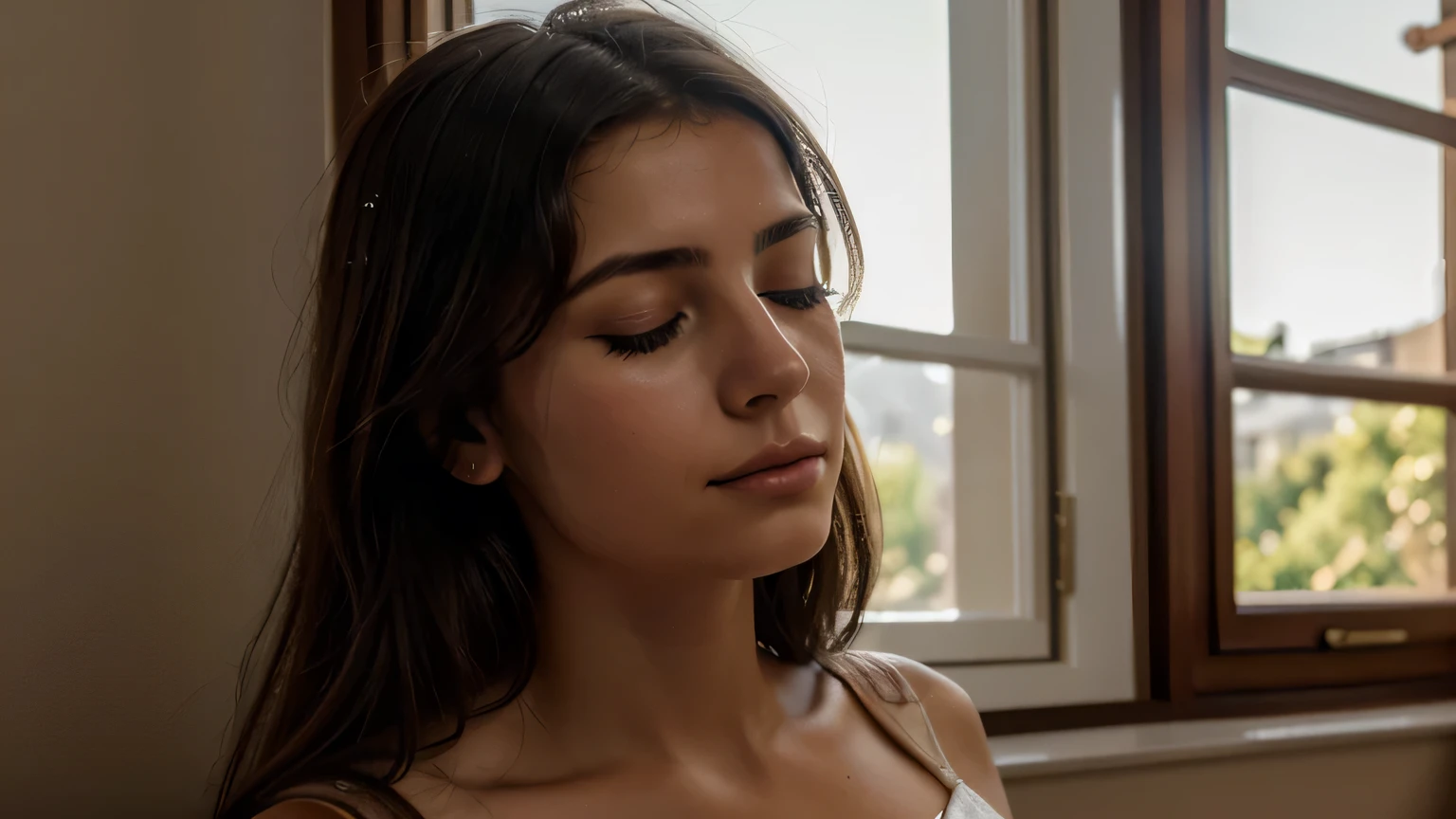 UMA MULHER ITALIANA DE 25 ANOS ORA COM OS OLHOS FECHADOS, ILUMINADO COM LUZ DO SOL, imagem ultra realista, The style is a realistic photograph using a 50mm lens in 8k and applying contrast, 8K --com 16:9 --s 1000
