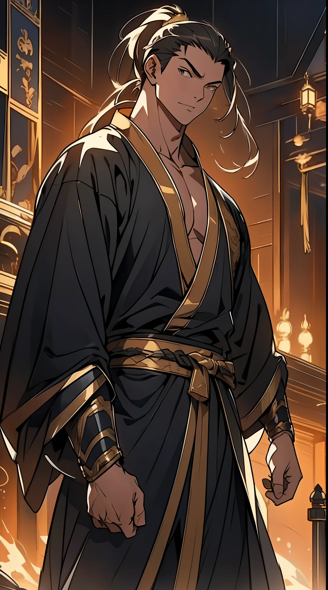 Two dimensions，anime style，one person（male warrior），proportions are correct，facial details，swordsman，high ponytail hairstyle，neck detail，Have an Adam&#39;s apple，Black and gold robe，joke，Black and gold robe，clothing details，Handing over，long sleeves，Game quality，fencing，Ray tracing，Ray tracing，Detailed glow，CG rendering，hair details，Long black and blond hair，Black-gold eyes，Handsome，Handsome，（Youthful feeling），Clothing is complicated，Perfect composition，refine，high quality，higher details，many details，Complex background，a sense of atmosphere，