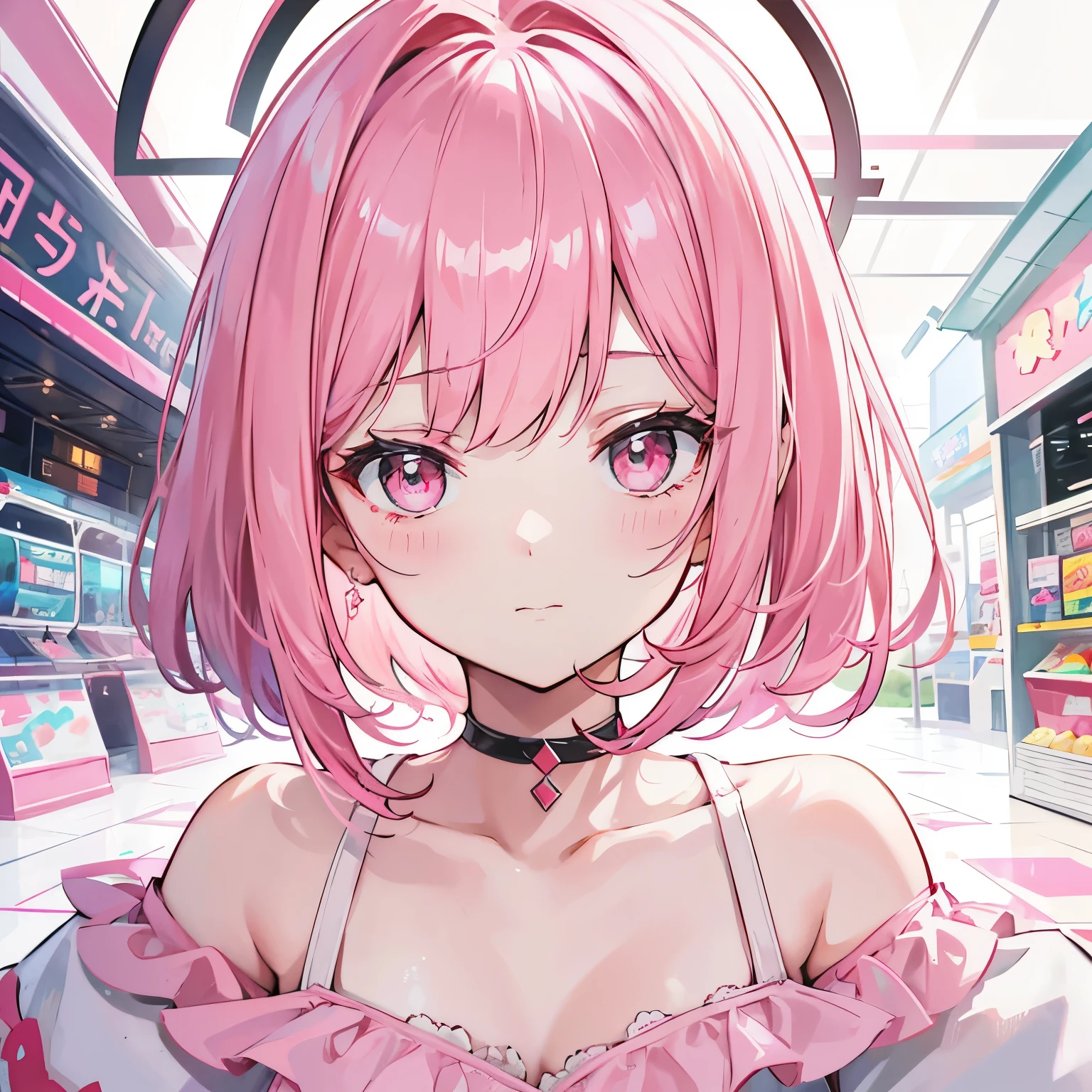 extreme close up, Short off-shoulder hair in pink and white,Rin々nice and lovely girl, In the arcade