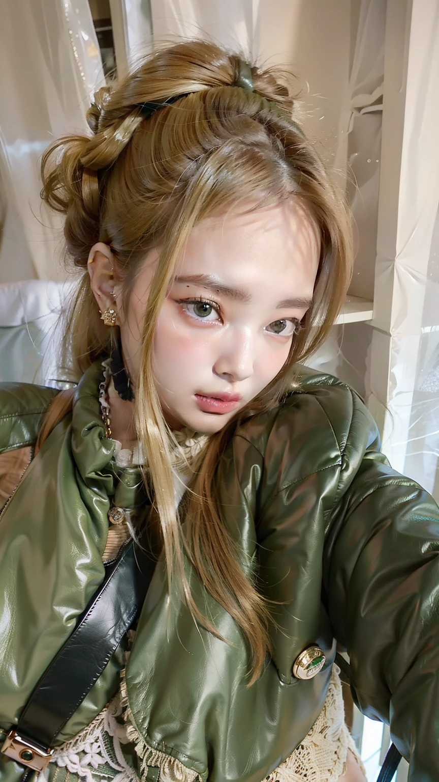 mulher loira de olhos azuis tirando uma selfie com uma jaqueta verde, estilo de julia razumova, Olya Bossak, karolina cummings, Anastasia Ovchinnikova, dasha taran, Go ahead, Angelina Stroganova, Yelena Belova, Victoria Gavrilenko, niele toroni, face like exposed ester