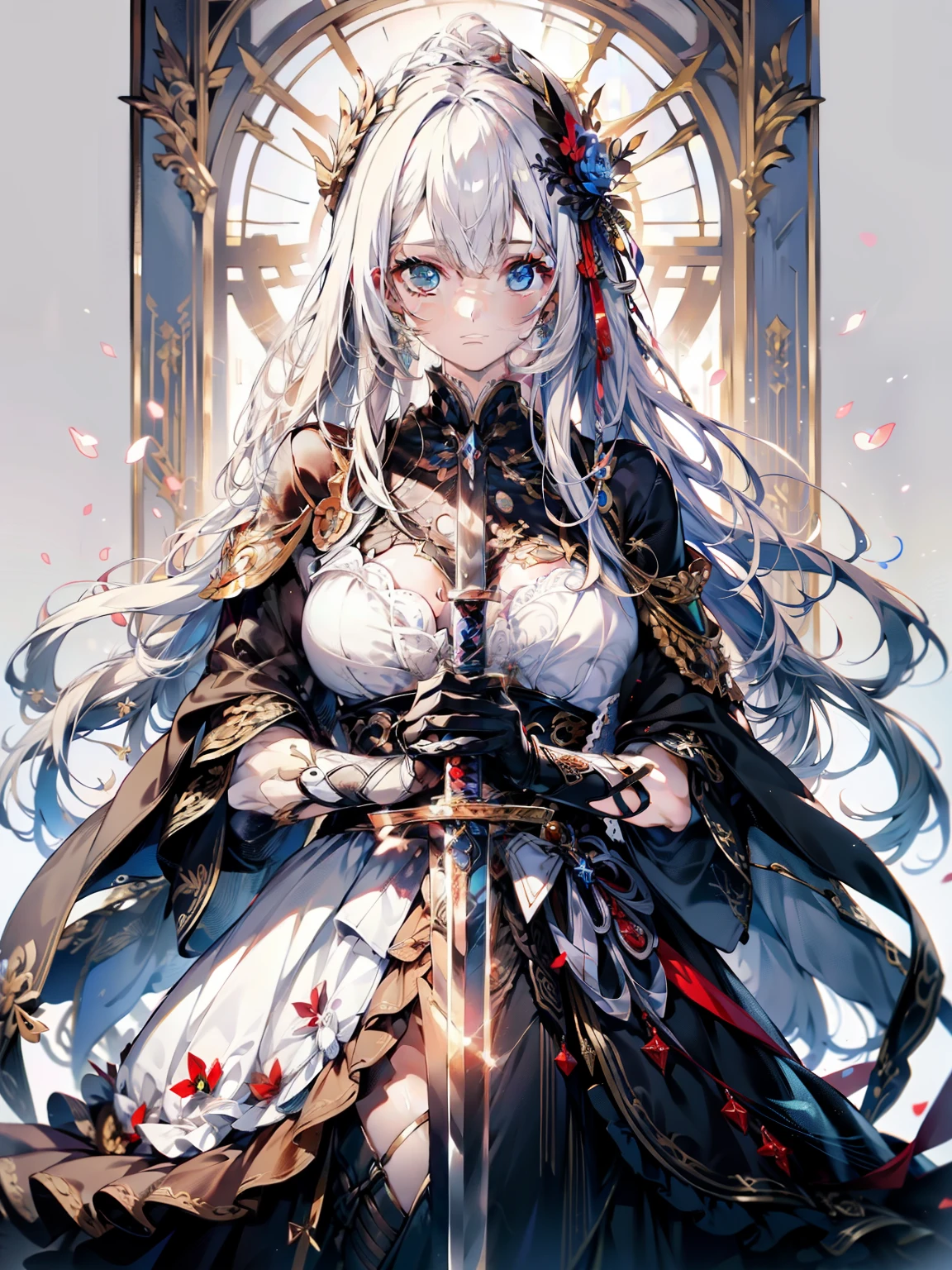 official art, ヨーロッパのmasterpiece女性,, light silver hair , deep blue eyes, (masterpiece、highest quality、High resolution: 1.4),In 8K, anime art nouveau, Highly detailed exquisite fan art, anime fantasy illustration, clean detailed anime art, detailed anime art, sharp focus of a person, delicate Beautiful Hair and Eyes and Face, realistic, super detailed, flower garden,((delicate, delicateで可愛い手)),((elegant shiny dress)),((Lots of races)),((lots of frills)),((lots of ribbons)),(((((Offer a huge sword with both hands)))))