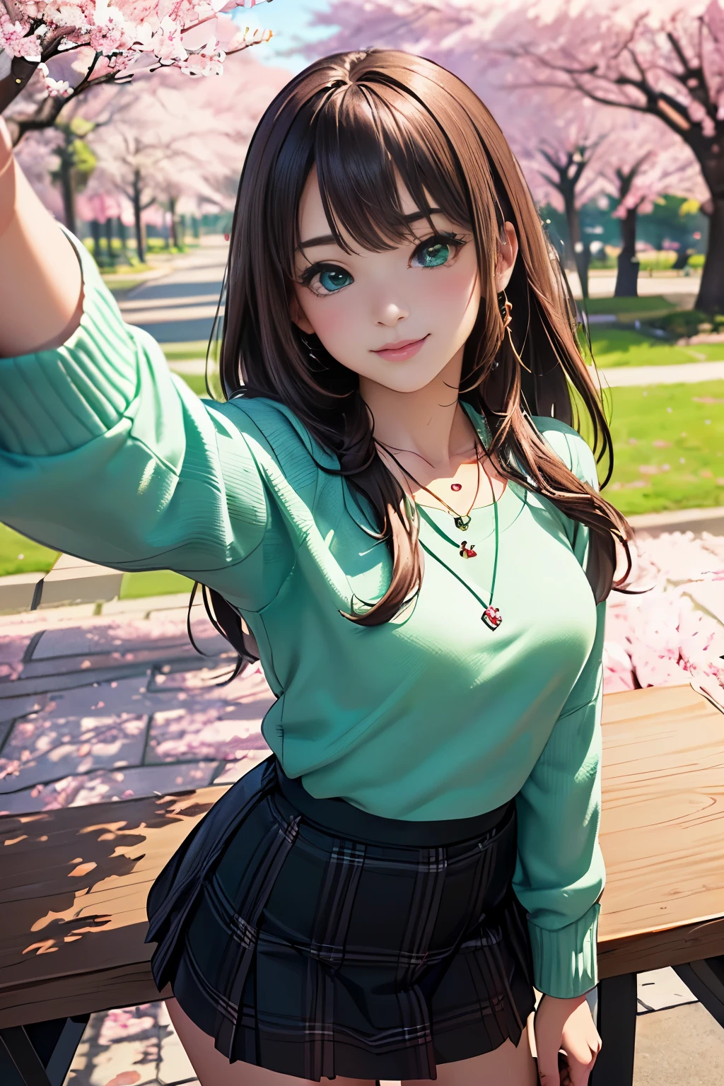 ((table top, highest quality, High resolution, nffsw, perfect pixel, Depth of bounds written, 4K, nffsw, nffsw))), 1 girl, single, alone, beautiful anime girl, beautiful art style, anime character, ((long hair, bangs, brown hair)), ((green eyes:1.4, round eyes, beautiful eyelashes, realistic eyes)), ((detailed face, blush:1.2)), ((smooth texture:0.75, realistic texture:0.65, realistic:1.1, Anime CG style)), dynamic angle, ((throw, Selfie Pose, portrait)), ((pink sweater, long sleeve, black skirt, plaid skirt, Snazzy, 1 diamond necklace)), smile, amusement park, ((Cherry tree, Cherry blossoms fall))