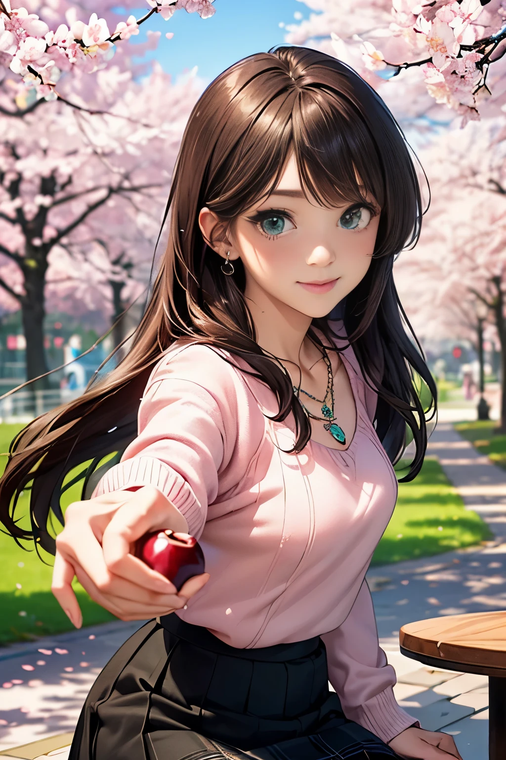 ((table top, highest quality, High resolution, nffsw, perfect pixel, Depth of bounds written, 4K, nffsw, nffsw))), 1 girl, single, alone, beautiful anime girl, beautiful art style, anime character, ((long hair, bangs, brown hair)), ((green eyes:1.4, round eyes, beautiful eyelashes, realistic eyes)), ((detailed face, blush:1.2)), ((smooth texture:0.75, realistic texture:0.65, realistic:1.1, Anime CG style)),  dynamic angle,  ((throw, Selfie Pose, portrait)), ((pink sweater, long sleeve, black skirt, plaid skirt, Snazzy, 1 diamond necklace)), smile,  amusement park, ((Cherry tree, Cherry blossoms fall))