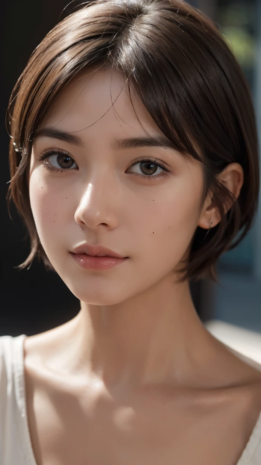 Portrait of a young woman with short shade hairstyle, ultra-detailed skin, shot on a Leica M10-R camera for portrait photography, Daylight highlights the soft features of her face and the depth of her brown eyes, an image filled with mystery and subtle elegance. The background remains neutral and blurred to emphasize the exquisite details of her face and the sophistication of her image, the woman looking directly into the camera