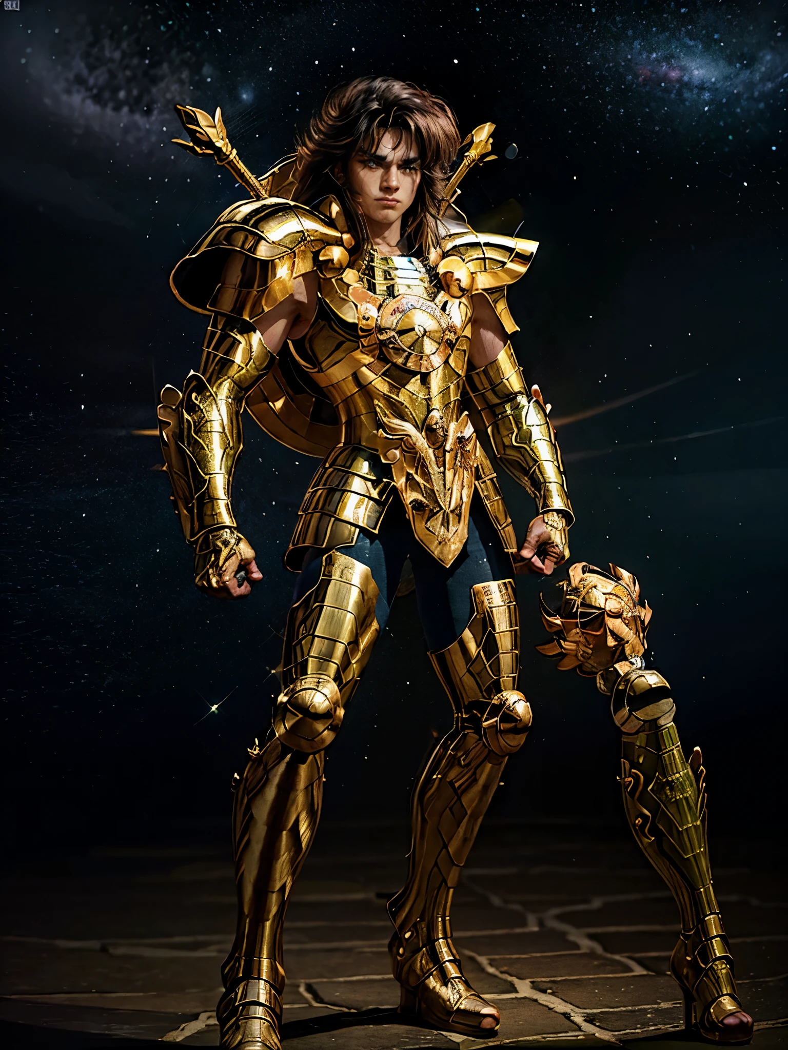 Ultra-high saturation, (tmasterpiece), full body photo, (best quality), (1man), starry sky background, Wearing shiny gold armor, armor type armor shows details of your muscles, showing the belt, showing the armor thigh protector, cool pose, Saint Seiya Armor, messy hair, high detail, Anime style, Cinematic lighting, Glitter, god light, Ray traching, filmgrain, hyper HD, skin texture, super detail, Anatomically correct, High resolution, Saturation ultra-high, High contrast, High-shiny green armor, Smooth skin, Serious expression