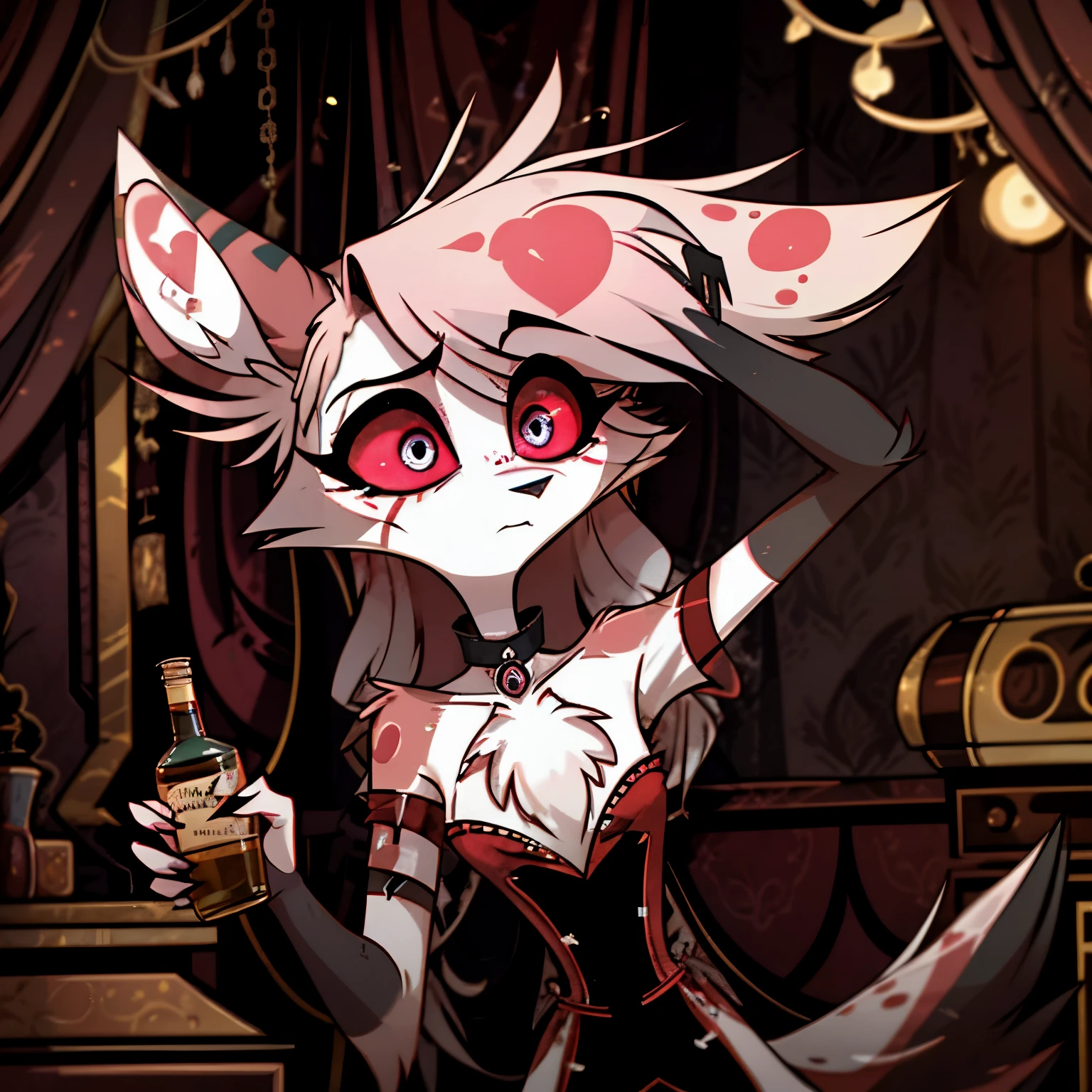 In the solitary realm of Hazbin Hotel, a captivating feminine deer and wolf hybrid demon is the sole character, evoking both intrigue and sorrow. Adorned in a color pattern of blue, and black, her long fur and hair cascade around her, adding an ethereal quality to her appearance. However, upon closer inspection, poignant markings reveal the battle she lost with depression and alcohol overdose. Despite her outward elegance, these markings serve as a reminder of her painful journey. Against the backdrop of the desolate realm, her presence, with its mixture of beauty and haunting sorrow, captivates and invites contemplation in the world of Hazbin Hotel. ((solo)), ((1character))